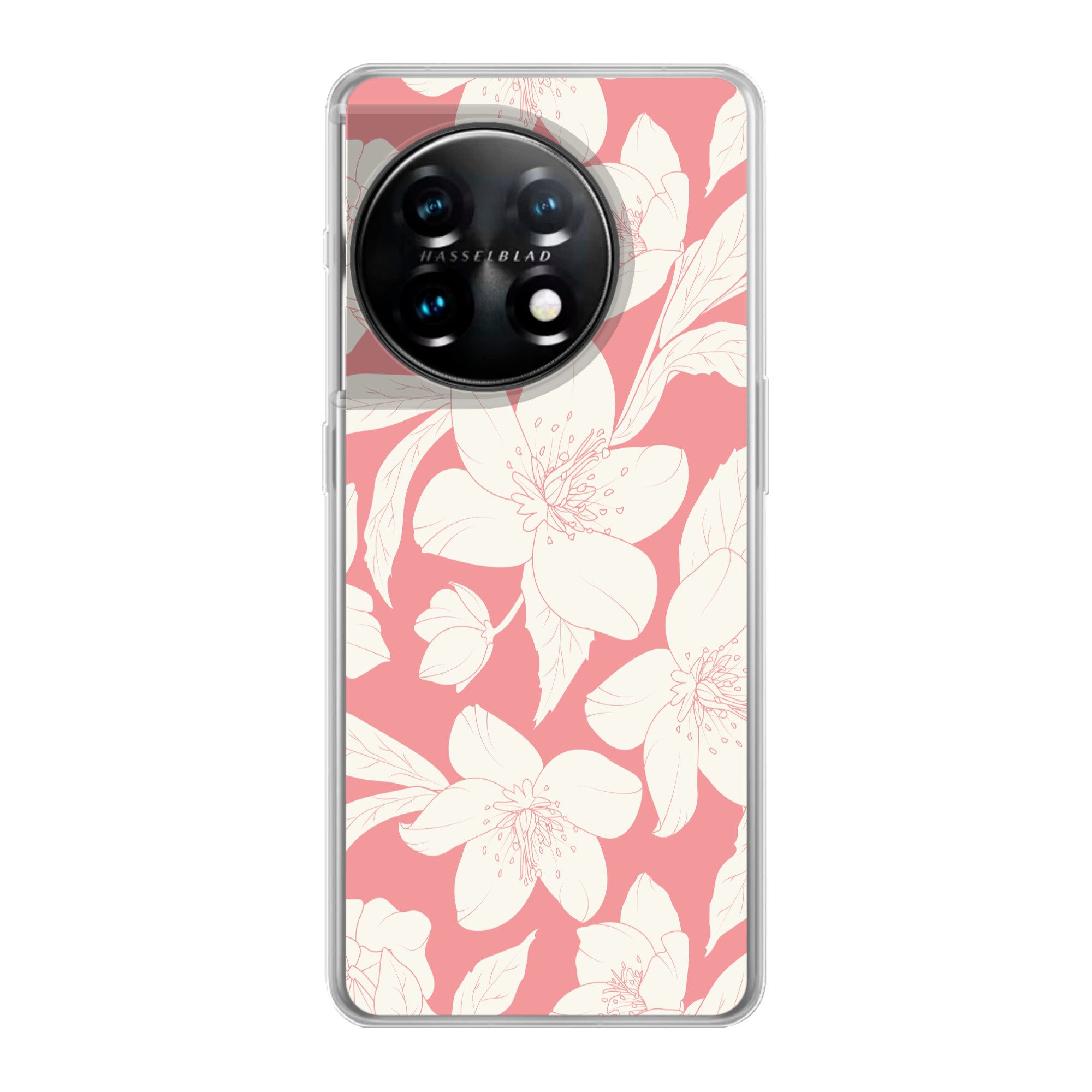 MuchoWow Handyhülle für OnePlus 11 Blumen - Muster - Rosa - Weiß, Handy Case, Silikon, Bumper Case Dünn