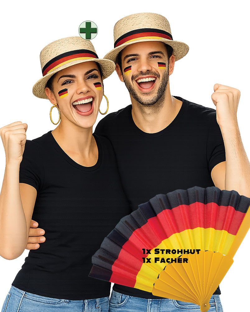 Karneval-Klamotten Kostüm Strohhut Deutschland mit Fächer schwarz rot gold, WM Fan Weltmeisterschaft 2026 Germany Supporter Nationalmannschaft
