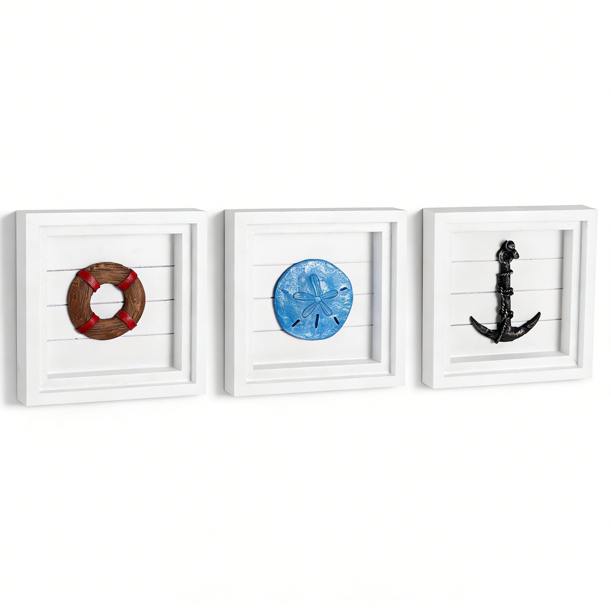 BlingBin Wanddekoobjekt 3 Stück Nautische Wanddekoration Set mit Muschel, Rettungsring, Anker (3er Set 3D Maritime Wanddekoration, 3 St., 16 × 16 × 3 cm (pro Stück), Ozean Thema Strand Wanddekoration für Wohnzimmer und Badezimmer