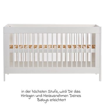 jonka Babybett Erwin - Weiß Eiche, Kinderbett 70 x 140 cm - verstellbarer Lattenrost & 3 Schlupfsprossen