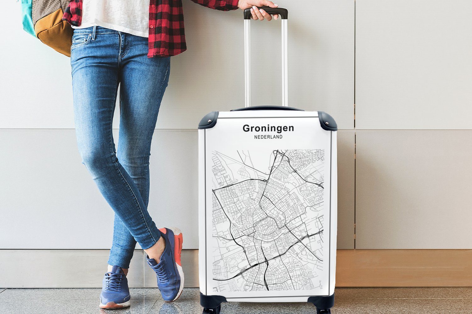 MuchoWow Ferien, weiß Reisetasche und rollen, Stadtplan Groningen, 4 Handgepäckkoffer Reisekoffer Handgepäck Schwarz Trolley, Rollen, - - für mit