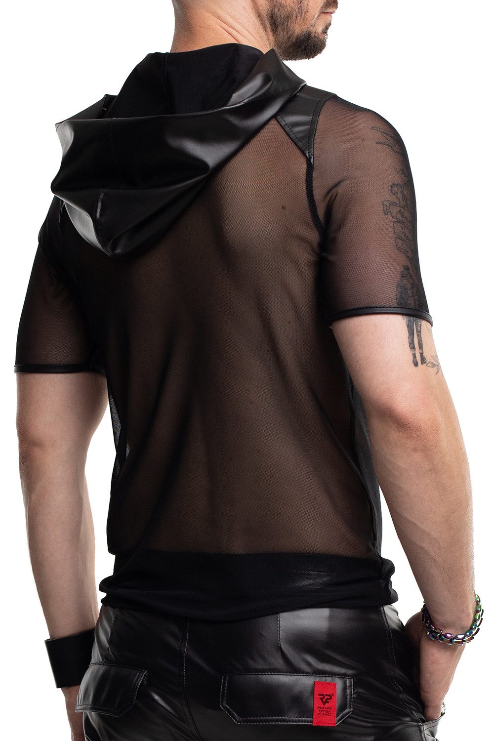 Regnes Fetish Planet T-Shirt Schwarze Herren wetlook Hemd Shirt Kapuze mit transparentem Netz, Krag
