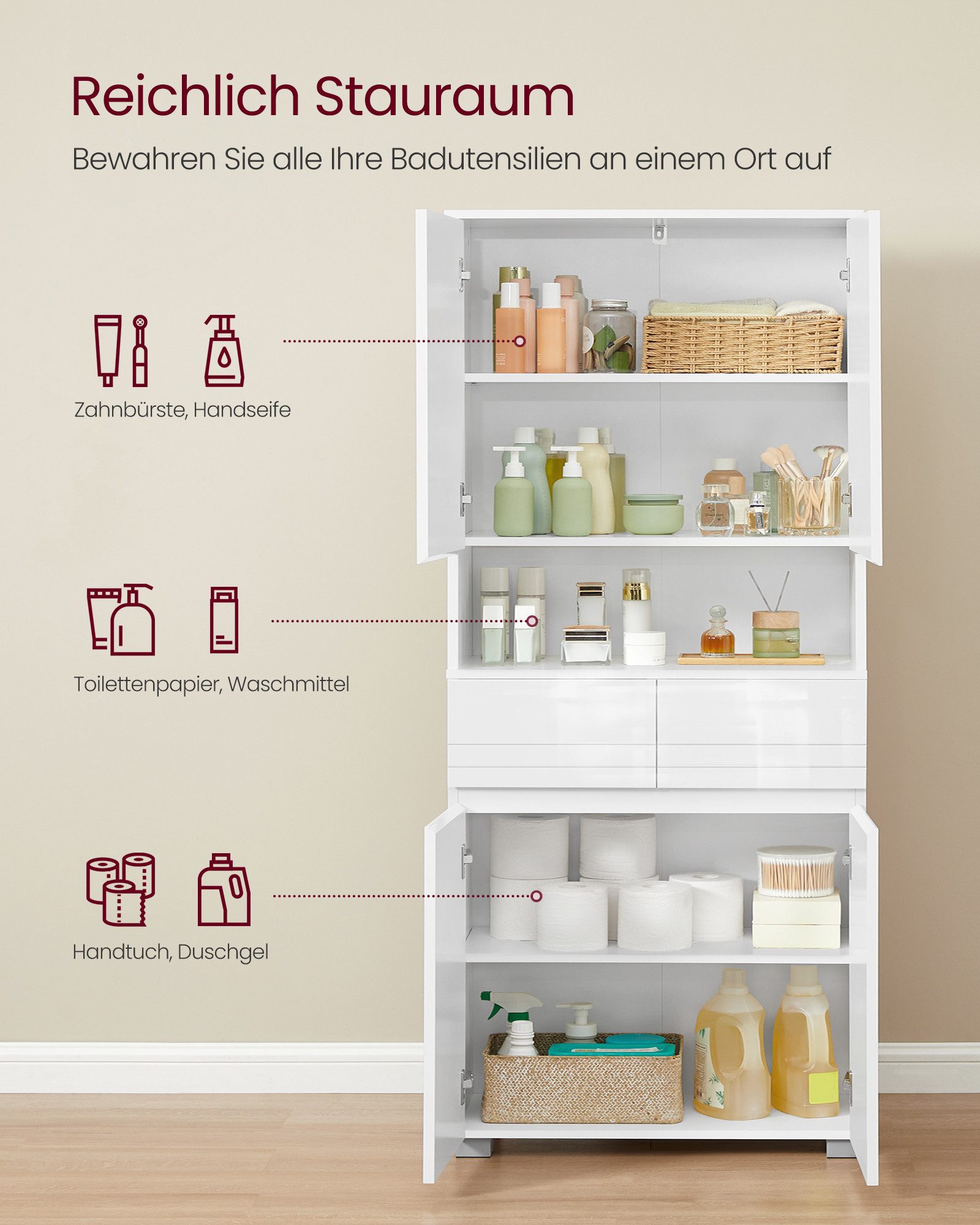 VASAGLE Badkommode Badezimmerschrank Badschrank Badezimmermöbel, verstellbare Ablagen, offenes Fach