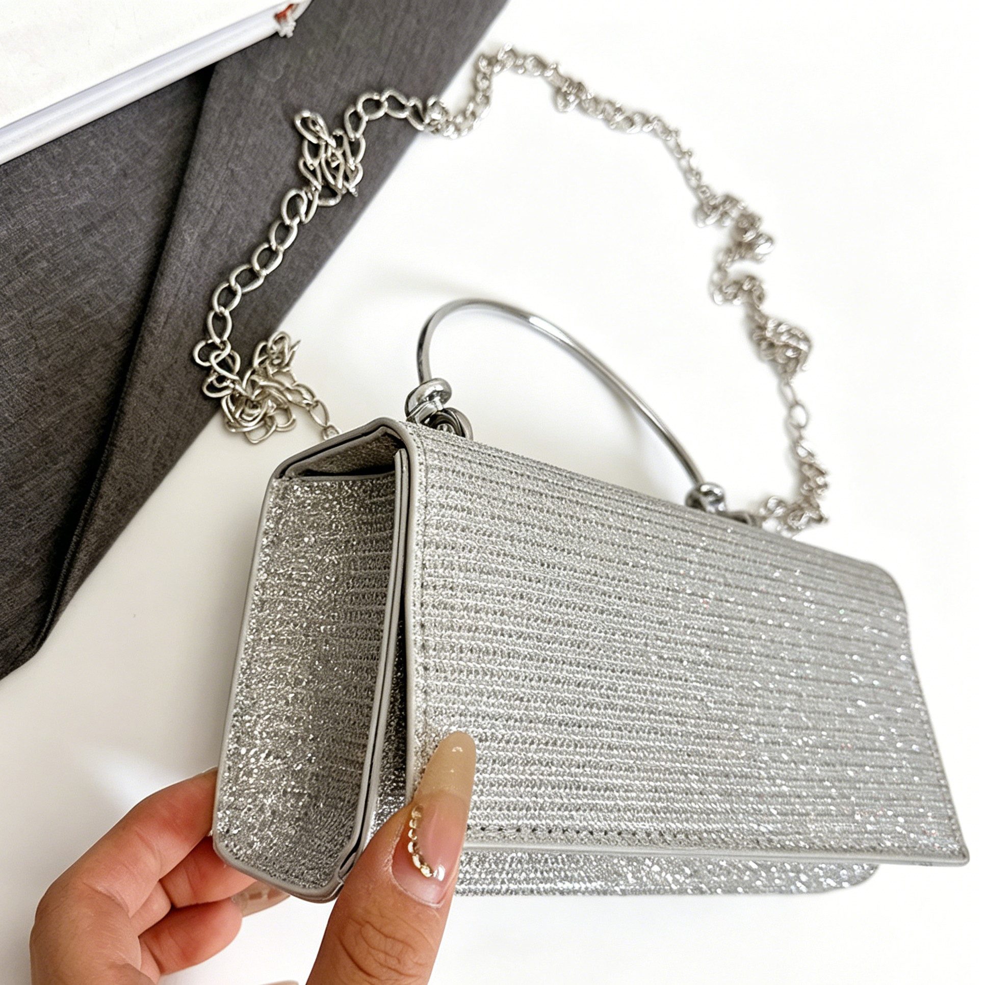 Zaewry Abendtasche Damen Glitzer-Abendtasche, Pailletten-Handtasche, Damen Schultertasche mit Kette, Stylische Abendtasche – Bild 5 von 5