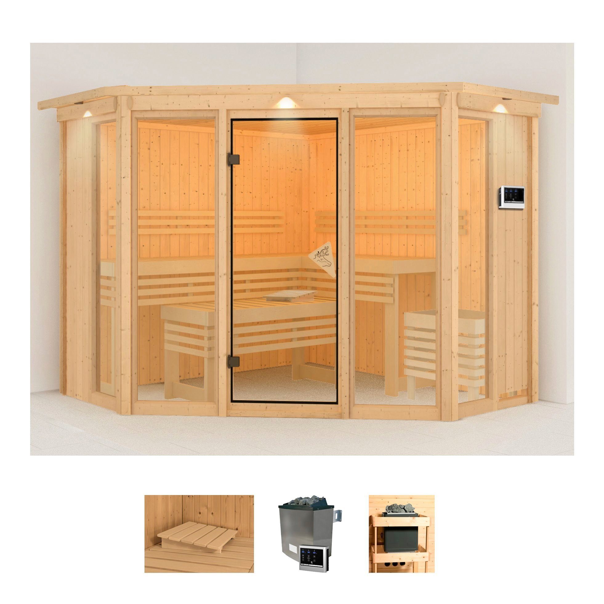 Karibu Sauna Astrid 2, BxTxH: 245 x 245 x 202 cm, 68 mm, (Set) Ofen 9 KW externe Strg easy