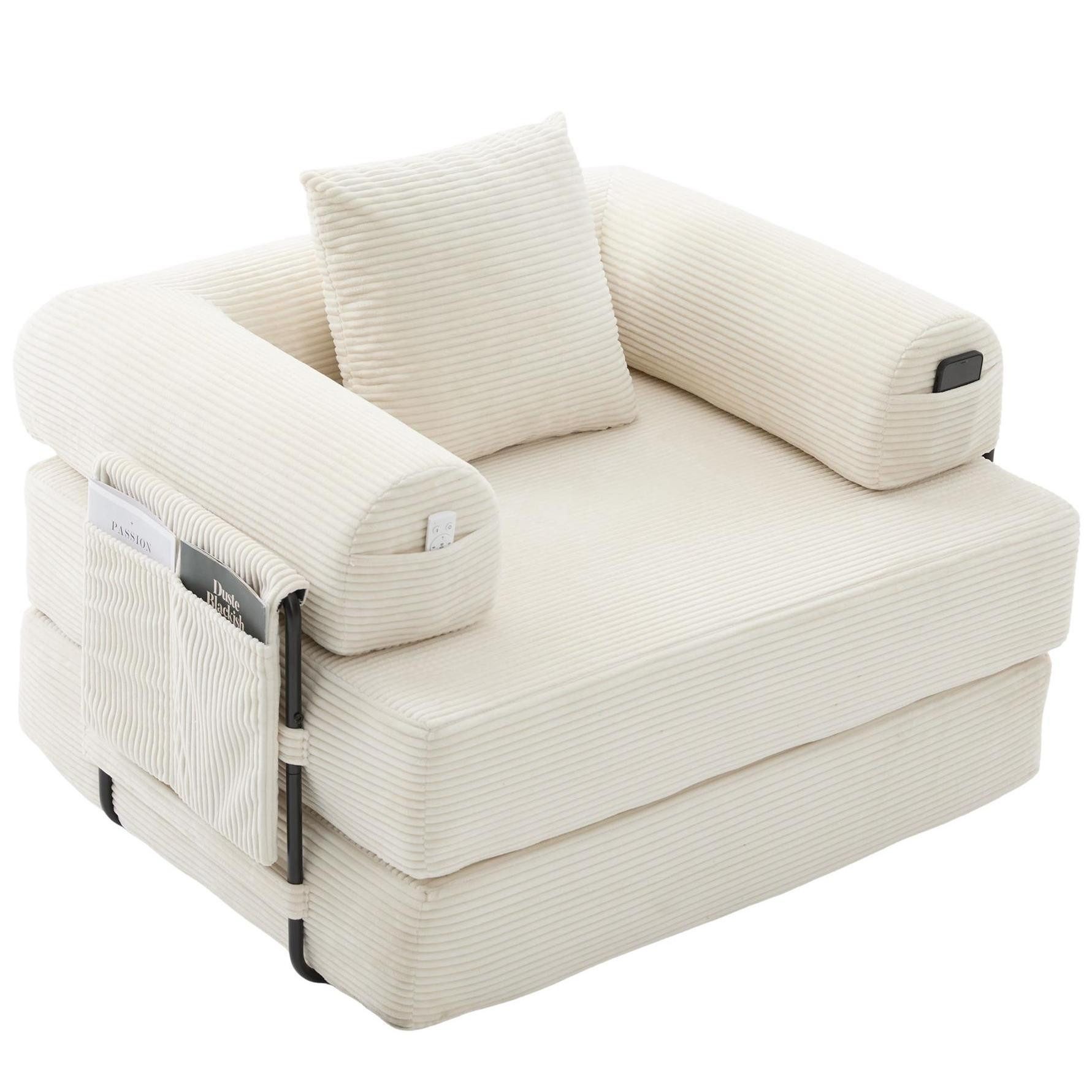LVHOM Loungesofa faltbar mit Schlaffunktion, Stabil-/abnehmbarer Außenrahmen aus Metall, frei kombinierbar, Liege- oder Klappsofa, 1 Kissen, Hochelastischer Schaumstoff, weicher Cordstoff, Praktische Seitentaschen zur Aufbewahrung, Ideal für flexible Raumgestaltung in Wohn- oder Kleinwohnungen, Tragfähigkeit 300kg, als Gästebett nutzbar,Arbeitszimmer/Wohnzimmer