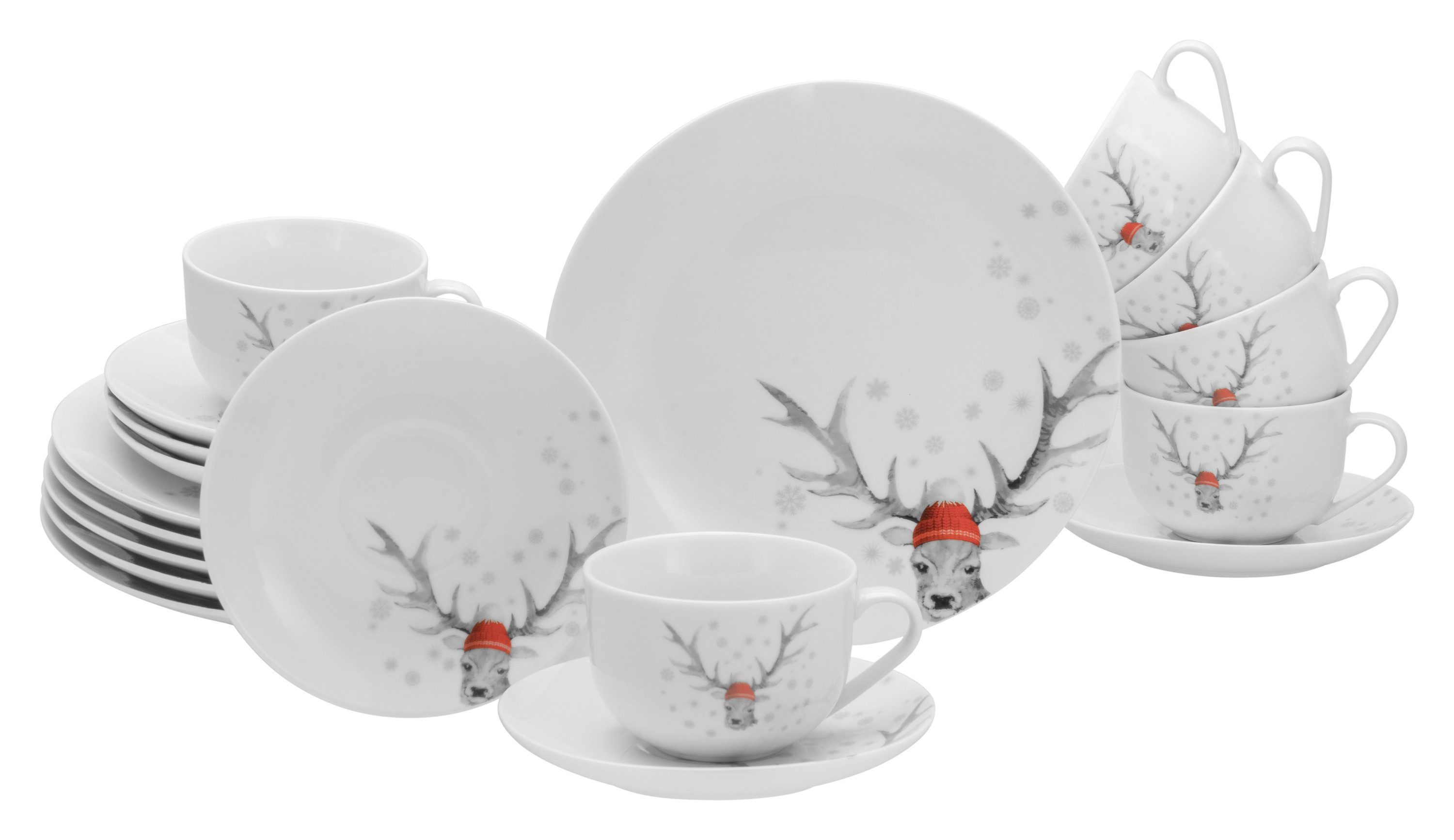 creaTable Kaffeeservice Hirsch Weiss Kaffeeservice 18-tlg (18-tlg), 6 Personen, Porzellan