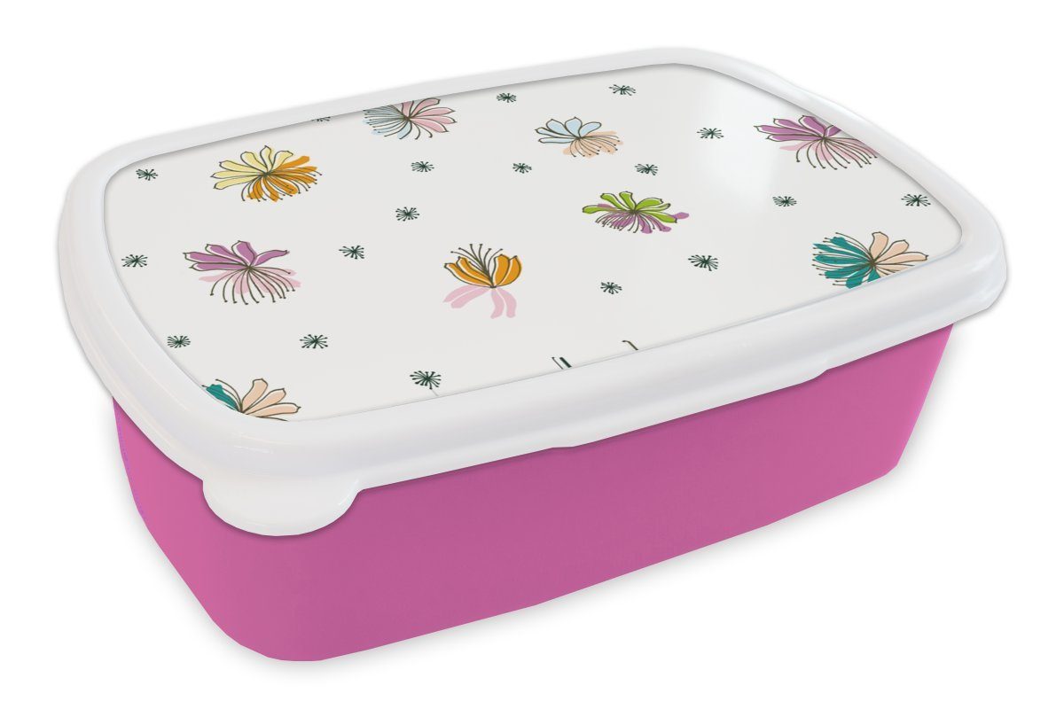 MuchoWow Lunchbox Blumen - Regenbogen - Flora - Pastell - Muster, Kunststoff, (2-tlg), Brotbox für Erwachsene, Brotdose Kinder, Snackbox, Mädchen, Kunststoff rosa