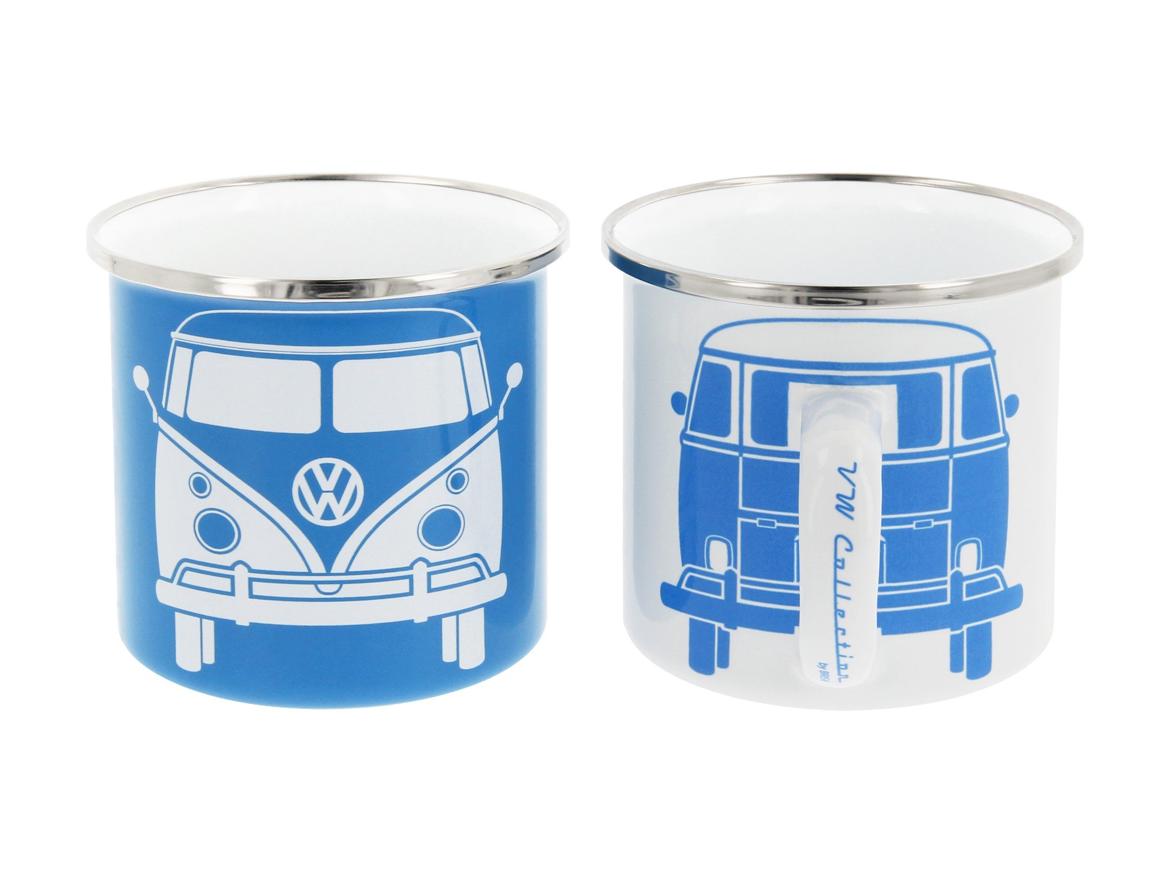 VW Collection by BRISA Teetasse Designs für Bus & Front/Blau Outdoor verschiedenen Weiß Tasse & 2er Teebecher, Emaille, T1 Emaille in Kaffeetasse, Volkswagen Set Camping