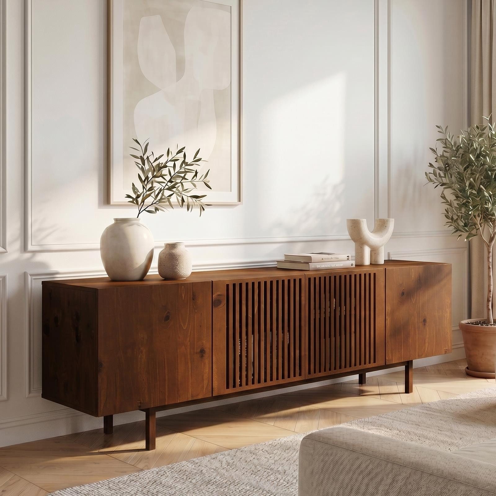 IDIMEX Lowboard LINN, Sideboard 180 cm aus Massivholz mit Lamellentüren Kastanie Finish