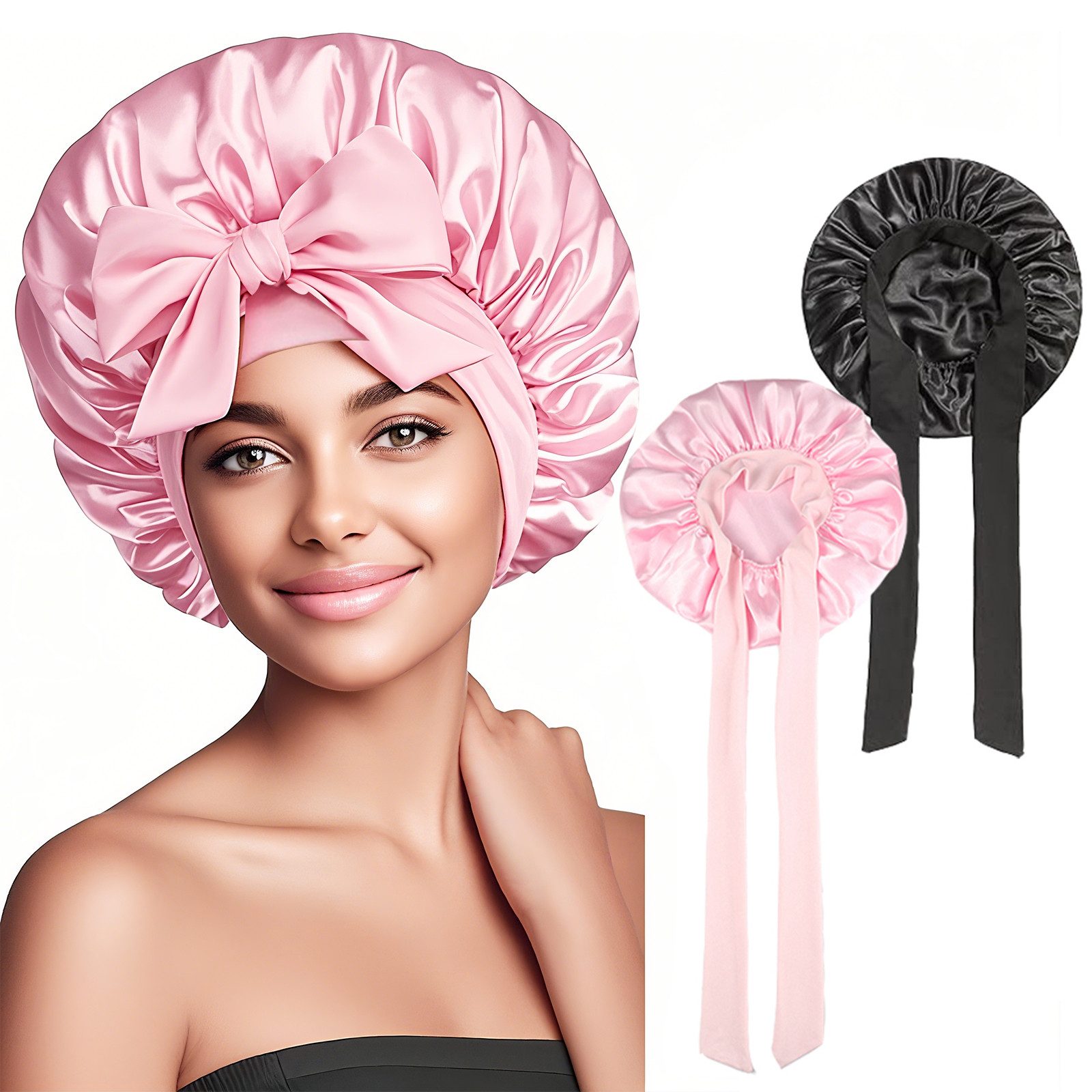 Duschhaube 2er Seidenhaube zum Schlafen Satin Haarhaube Bonnet für Damen Mädchen