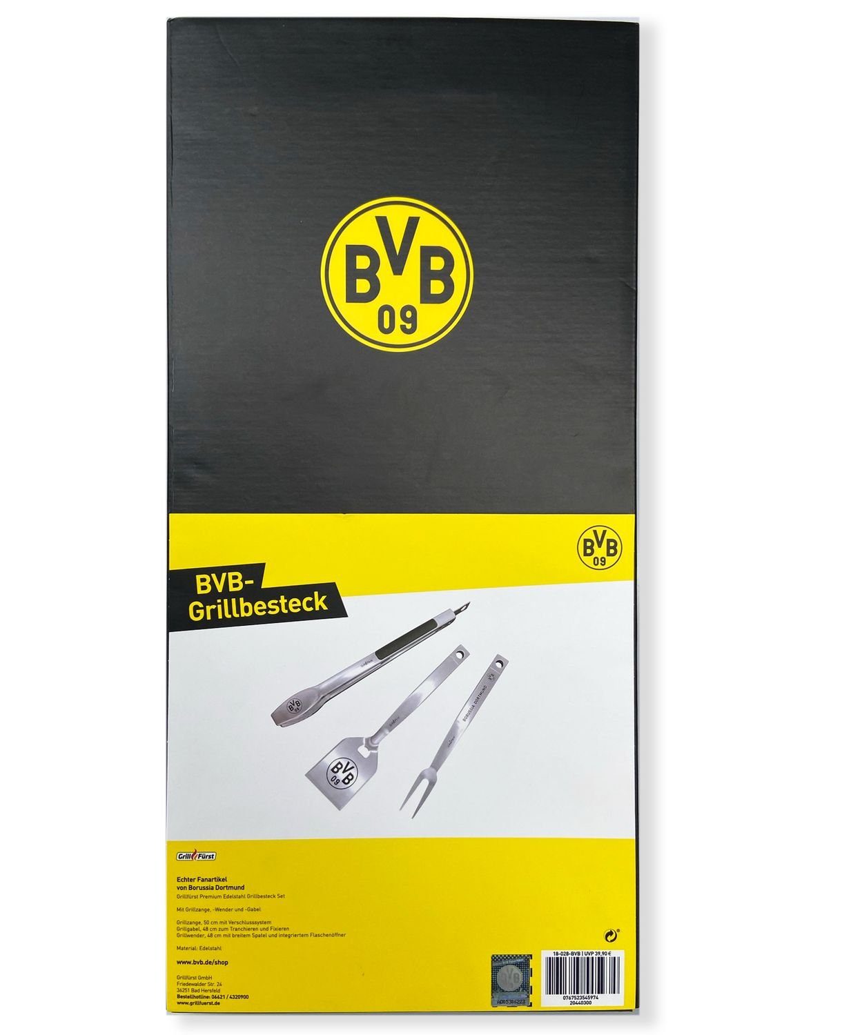 Grillzange, in Edition Set Grillfürst mit -Gabel Grillfürst Geschenkverpackung und -Wender Premium Dortmund Grillbesteck-Set Grillbesteck - Borussia