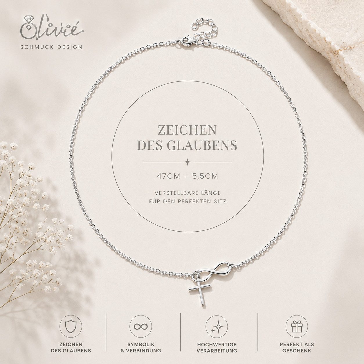 XCOAST Statementkette Infinity Damen – Unendlichkeitsschleife & Kreuz (statementkette damen silber infinity, Geschenkidee), Silber, elegant minimalistisch