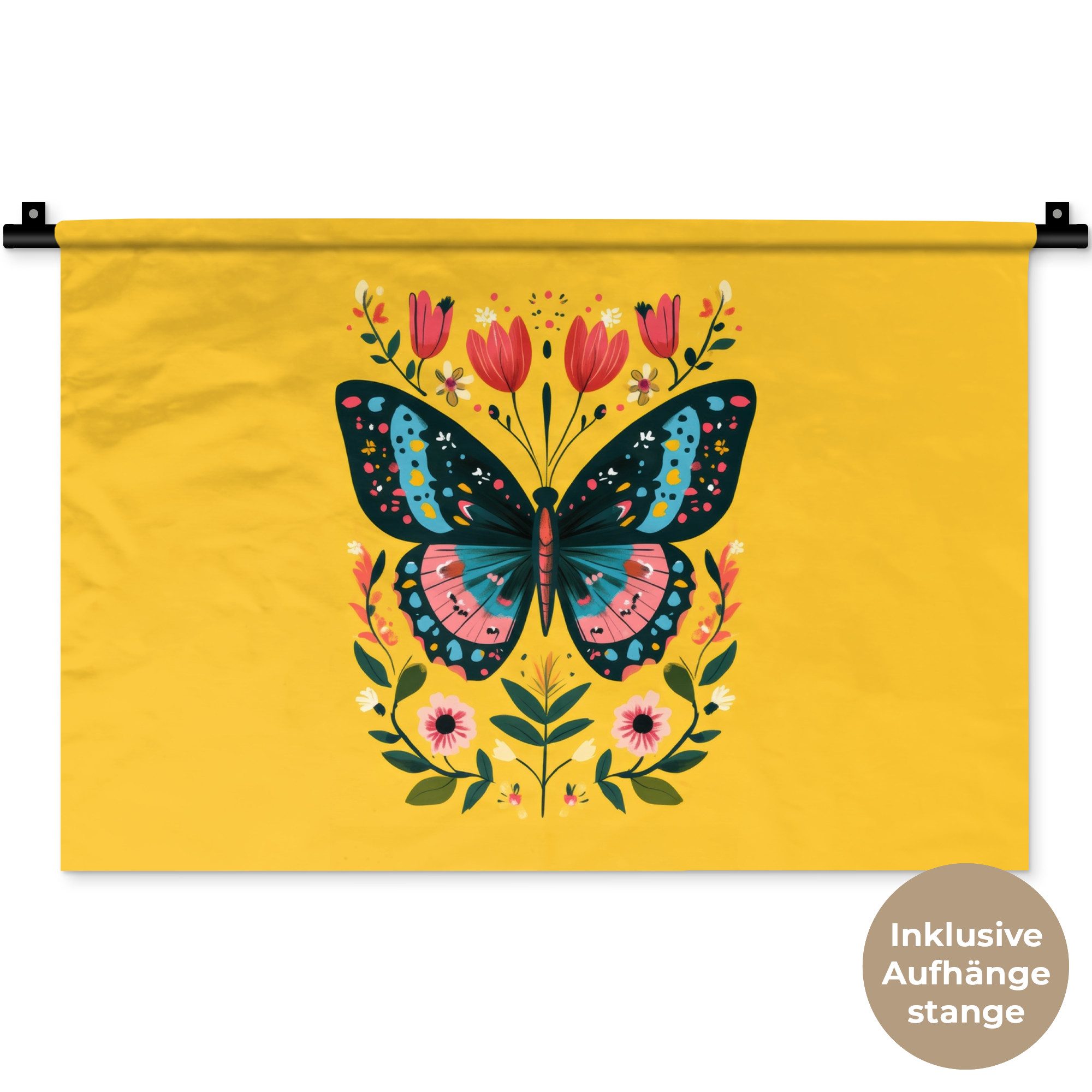 MuchoWow Wandteppich Blumen - Bunt - Schmetterling - Ornamental, Rechteckig, Höhe: 3 mm, Wandteppich für Wohnzimmer, Schlafzimmer, 60x40 cm