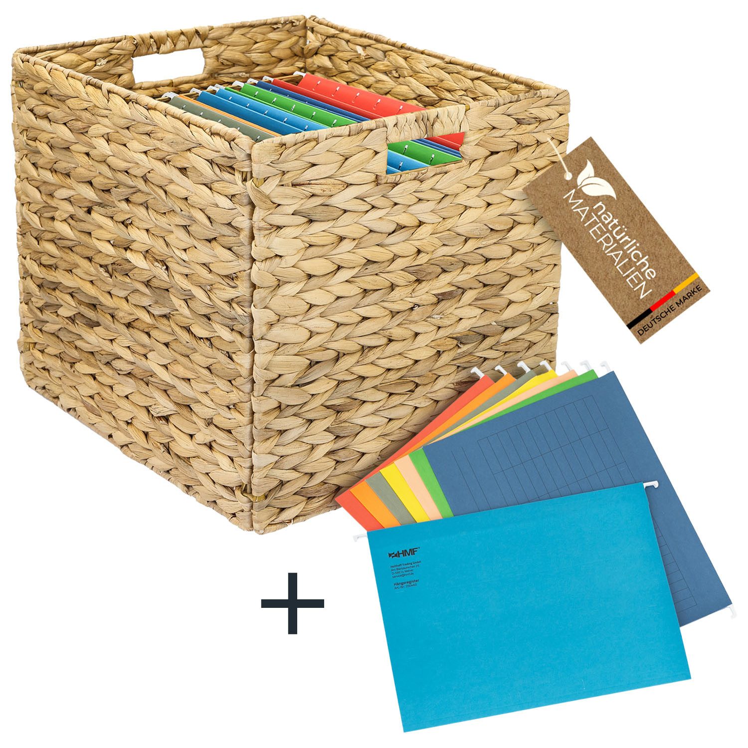 HMF Hängeregistraturbox Aufbewahrungskorb für DIN A4 Hängeregister passend für KALLAX, Korb (Set, inkl. 8 Hängeregister), geflochten aus Wasserhyazinthe mit Griffen 33 x 38 x 32 cm, Natur