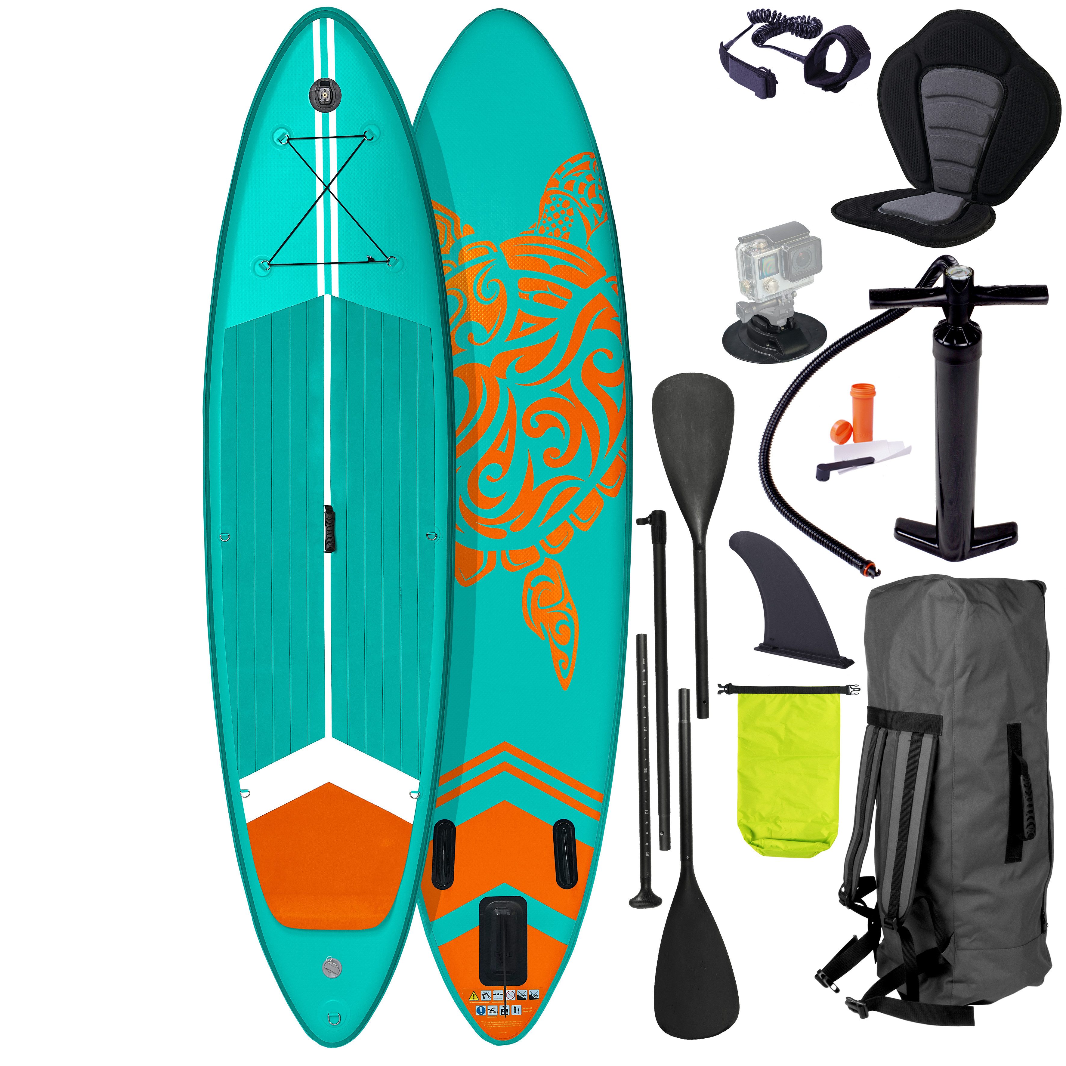 BRAST SUP-Board TURTLE Aufblasbares Stand up Paddle Set - 320x81x15cm, 5 Jahre Garantie inkl. Sonderzubehör, (2in1 Paddel Kajak-Sitz Action-Cam-Halterung), Fußschlaufe Paddel Pumpe Rucksack