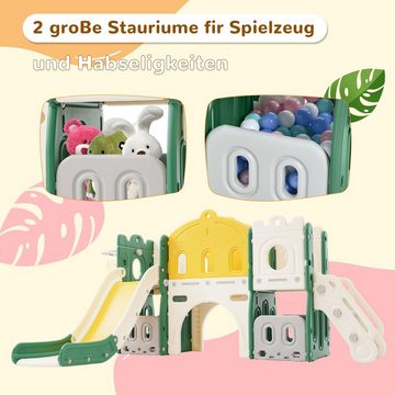 Merax Rutsche für Kinder, 6-in-1 Kinder Spielplatz, Spielrutsche, Spielturm, mit Kletterleiter, Tunnel und Basketballkorb, belastbar bis 360kg