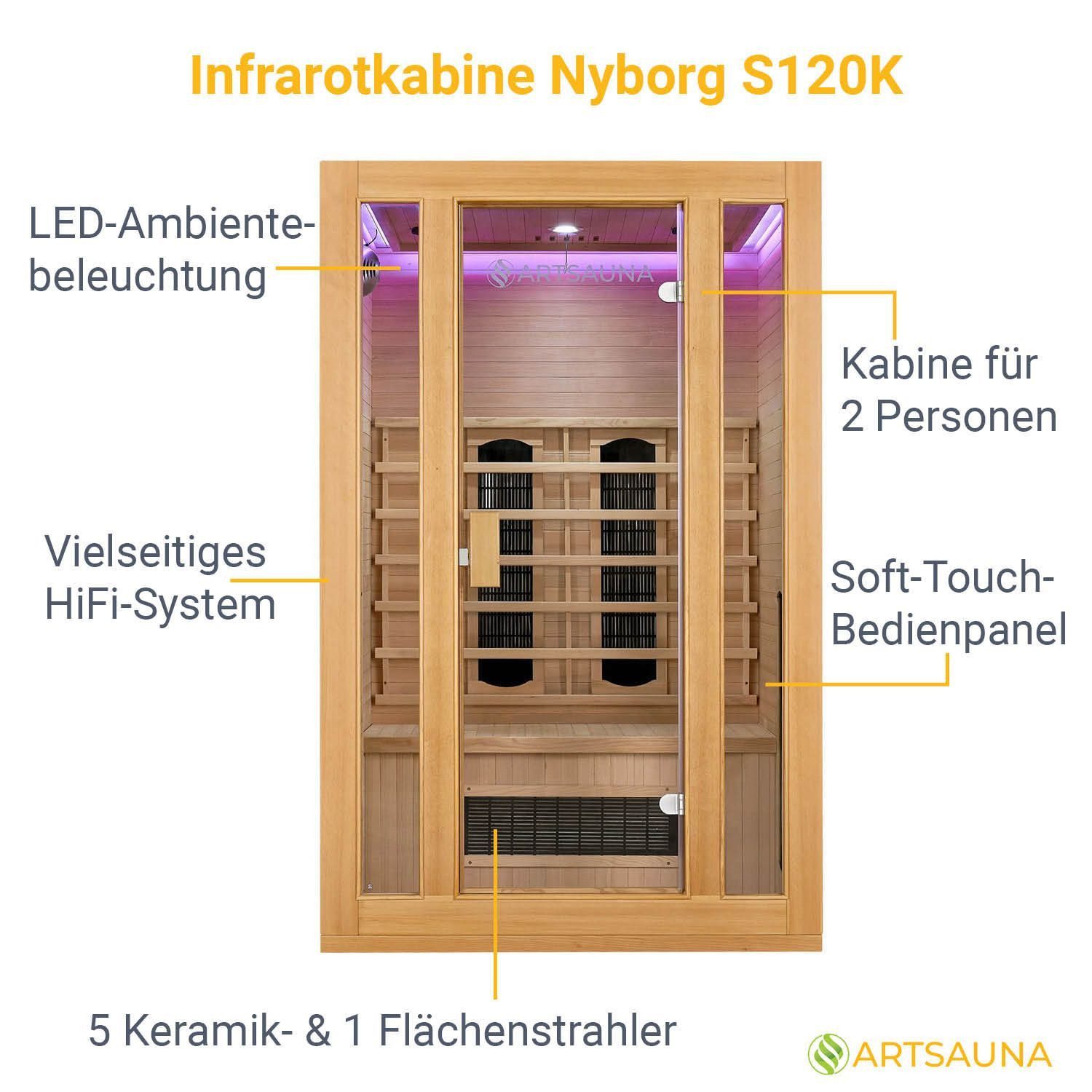 Artsauna Infrarotkabine Nyborg S120K Dual Technologie, für 2 Personen, Hemlock-Holz, HiFi-System, Ionisator, LED-Farblicht