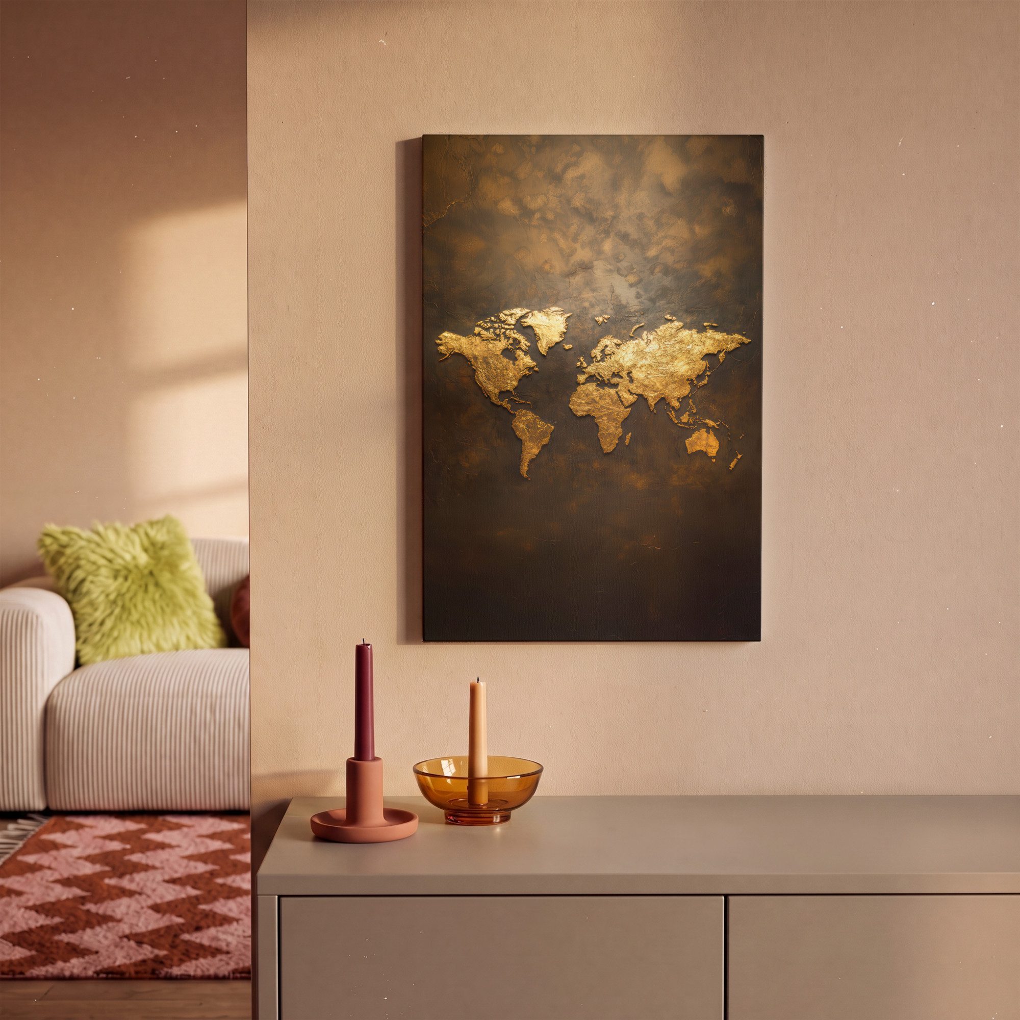 OneMillionCanvasses® Leinwandbild Weltkarte - Gold - Rost, Fotodruck (1 St), Leinwand Canvas Wandbild, Wanddekoration 20x30 cm – Bild 2 von 5