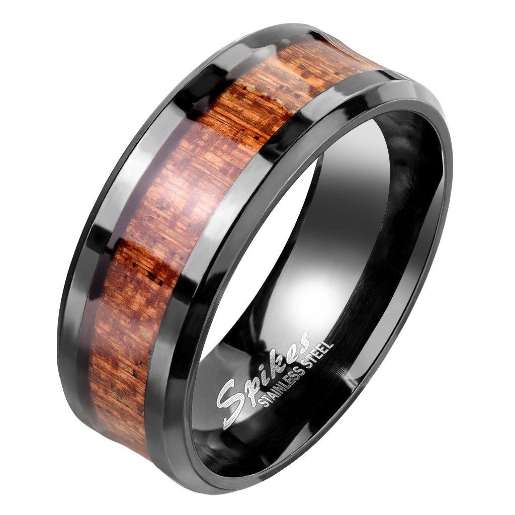 Taffstyle Fingerring Edelstahl Ring Schwarz Holz Inlay Holzmaserung Größe 57 (18.1) (Paarring Partnerring Ehering Trauring Hochzeitsring), Damen Herren Band Herrenring Damenring Freundschaftsring Fingerring