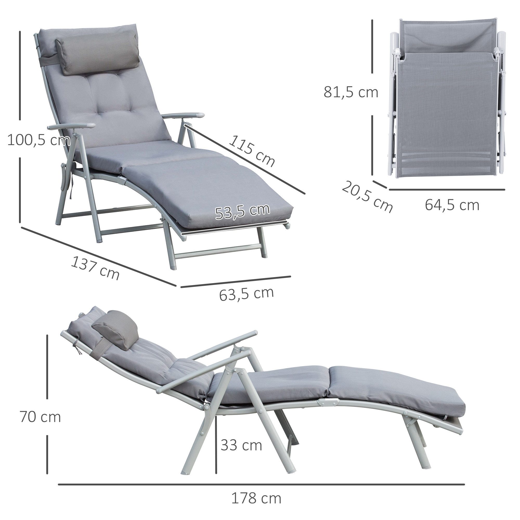 Outsunny Gartenliege Strandliege mit Kopfkissen, Liegestuhl bis 165 kg belastbar., Liege, 1 St., Sonnenliege, Gartenliege 7-stufig Verstellbar Klappbar Metall Grau