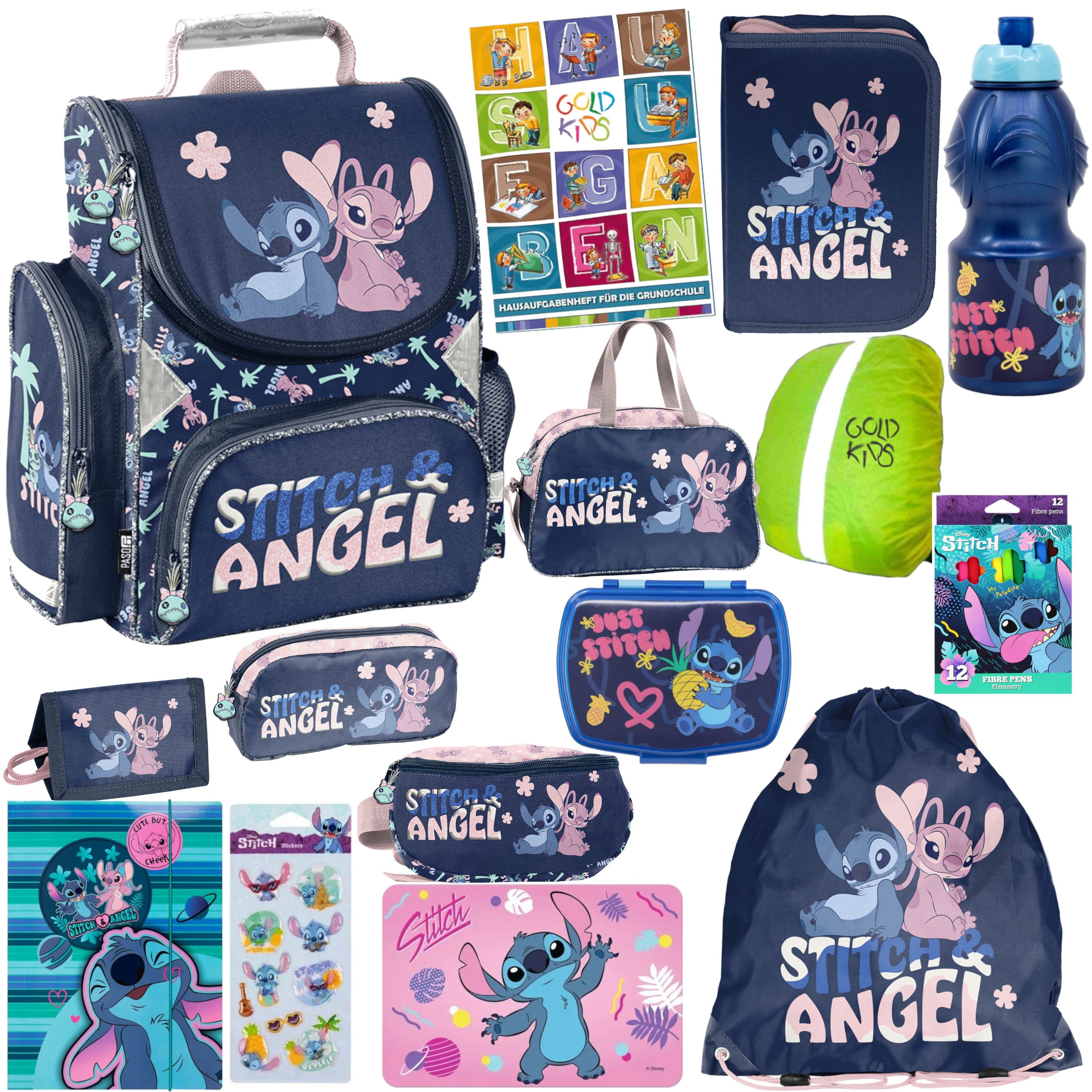 GOLDKIDS Schulranzen für Jungen und Mädchen, 15er-Set - (Schul-Rucksack für Kinder mit Federmäppchen, 1-tlg., - Schuhbeutel Trinkflasche und Brotdose), - Stitch Motiv- 1-3 Klasse
