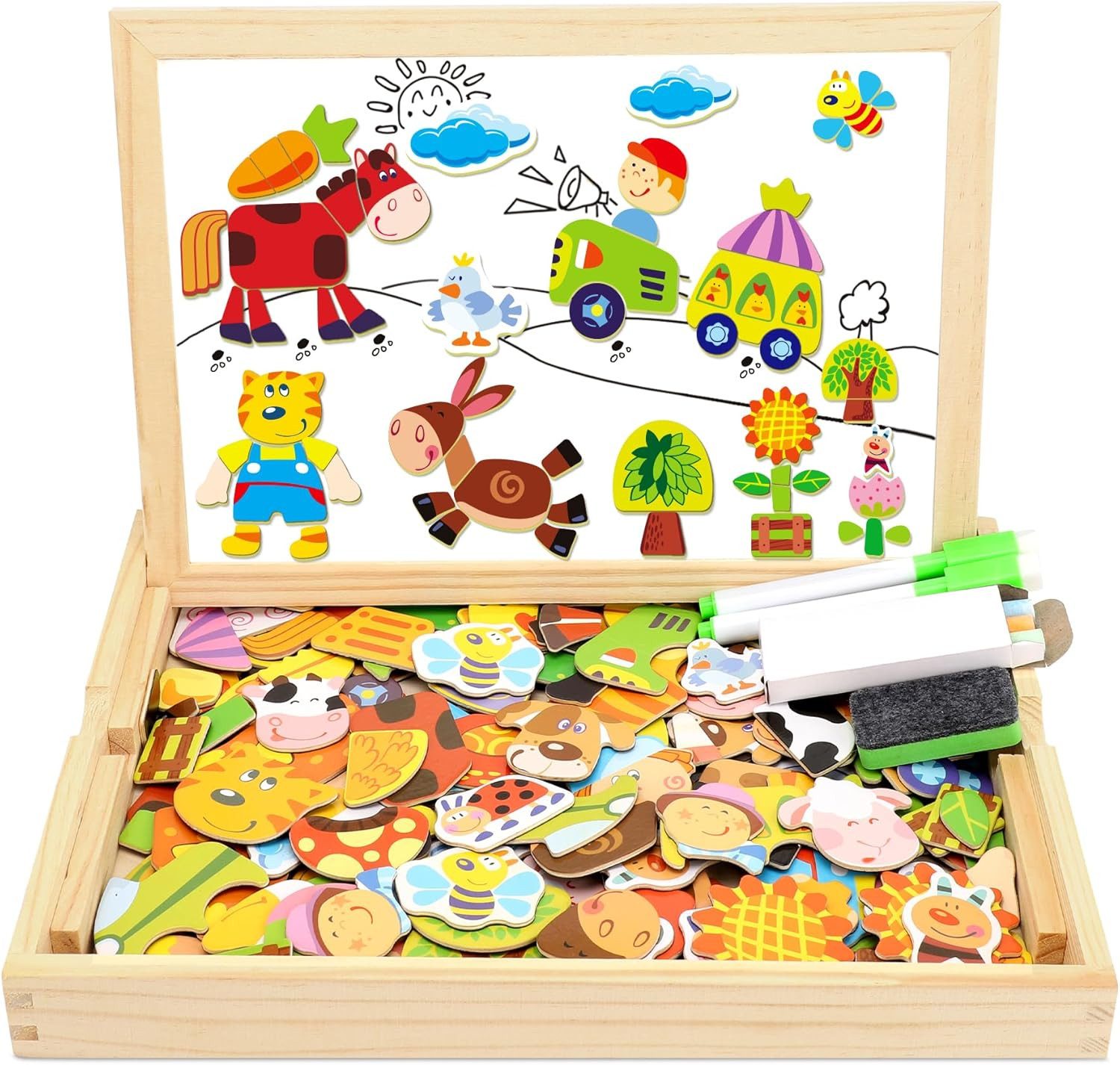 Ophy Rahmenpuzzle Doppelseitiges magnetisches Holzpuzzle (100 Teile), Puzzleteile, Rahmenpuzzle, sicheres & tragbares Lernspielzeug für Kinder