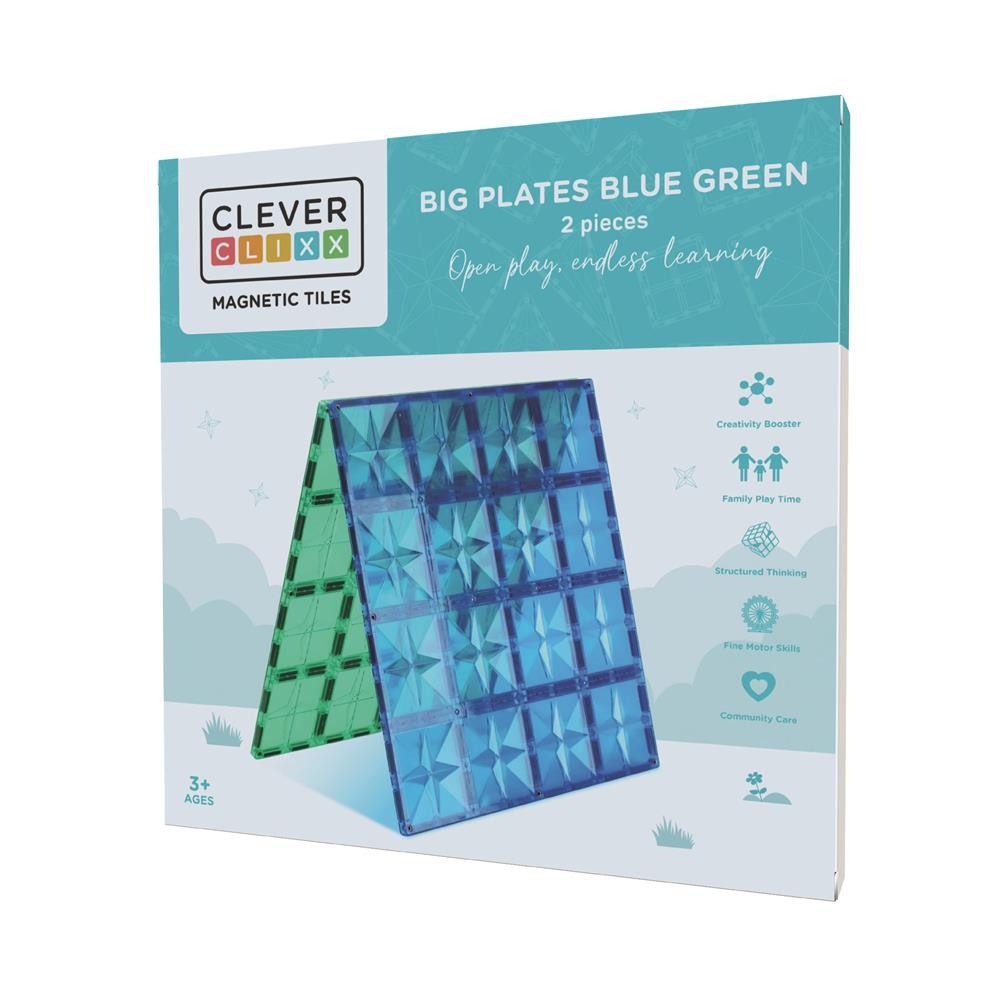 Cleverclixx Cleverclixx Große Grundplatten Blau Grün, 2 Teile Magnetspielbausteine, langlebiges Magnetspielzeug, robuste Bauweise, erweiterbare Sets