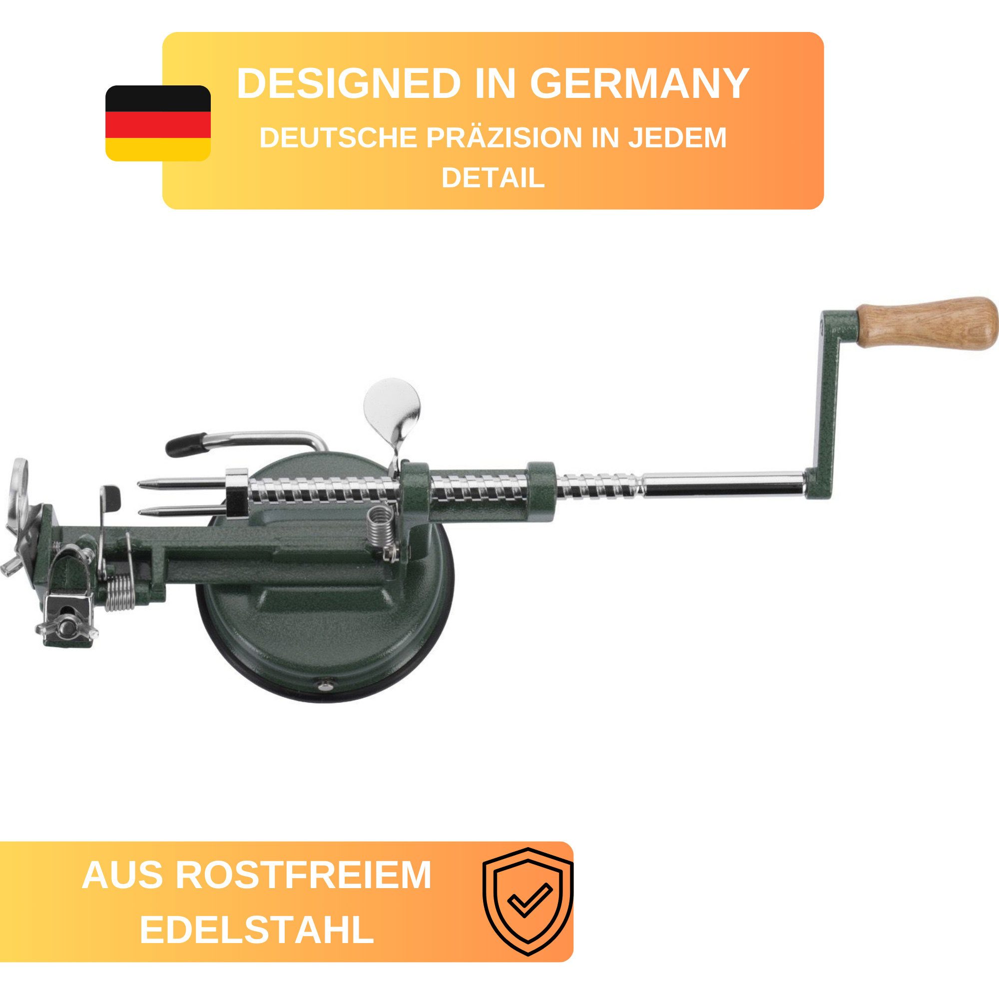 Thiru Apfelschäler Apfeltraum Premium aus rostfreiem Edelstahl mit starkem Saugfuß, sicherer und rutschfreier Stand, handliche Kurbel