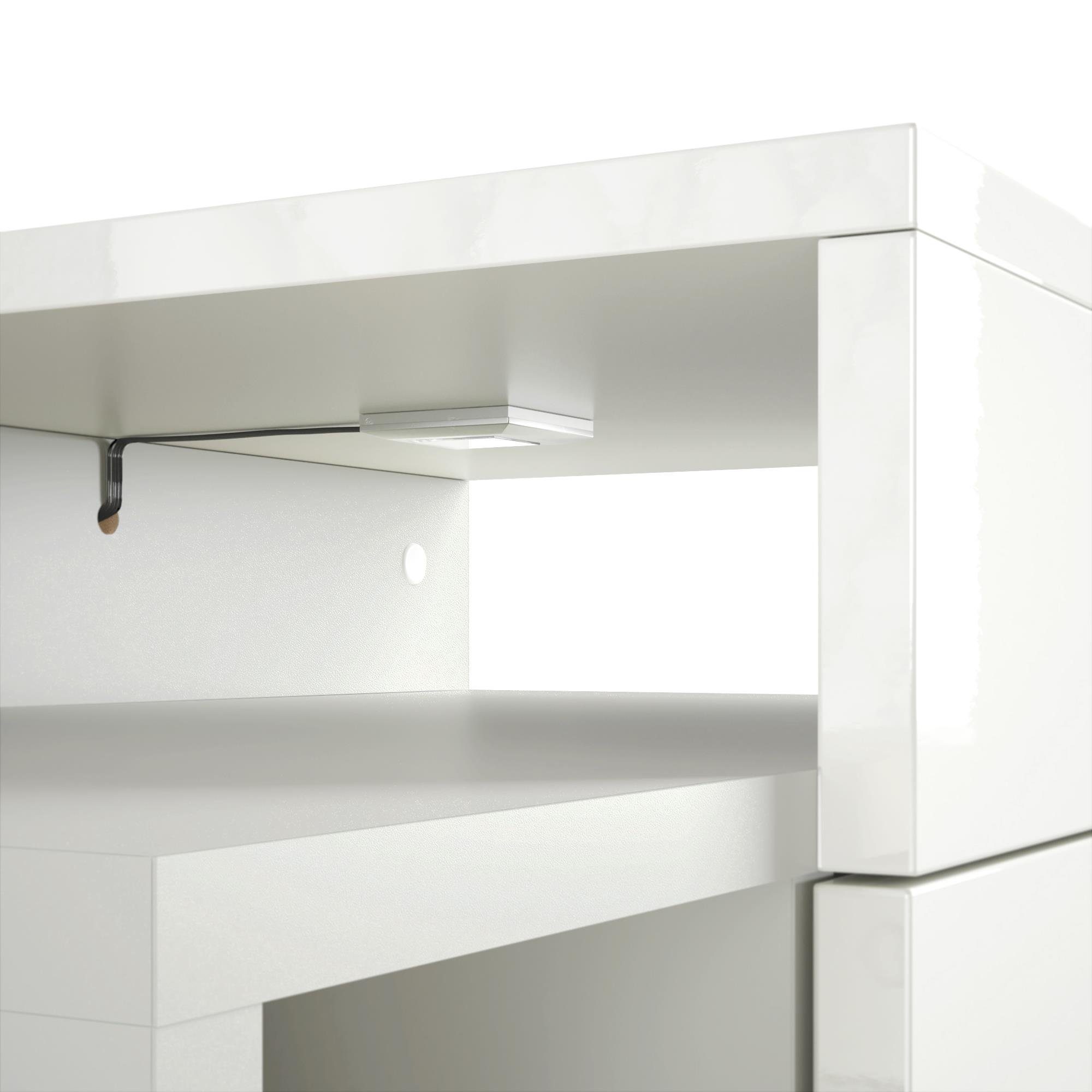 Vladon Nachttisch Queens (Nachttischschrank mit 2 Schubladen, und 1 seitlichem Fach zur Wandmontage), Weiß matt/Brombeer Hochglanz inkl. LED-Unterbaustrahler (60x63x36 cm)