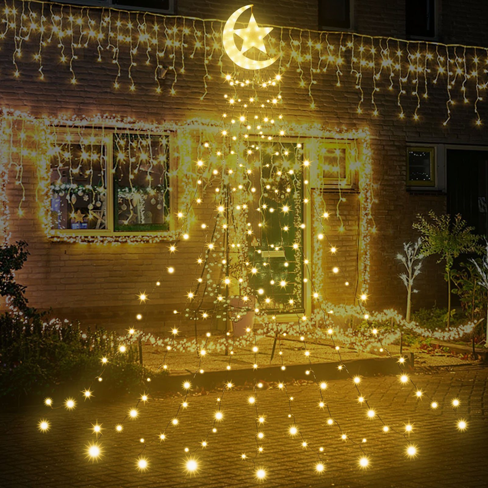 Christbaumbeleuchtung,8-Modi,Timer,IP44 LED Laybasic LEDs, Warmweiß Star,350 Wasserdicht Lichterkette mit Moon LED-Lichterkette 350-flammig, Weihnachtsbaum Topper