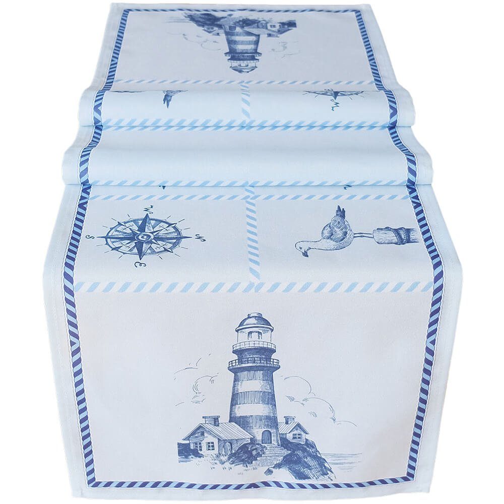 Leuchtturm Tischdecke 40x140 cm & Maritimes blau Tischläufer & HOME HOBBY matches21 weiß (1-tlg)