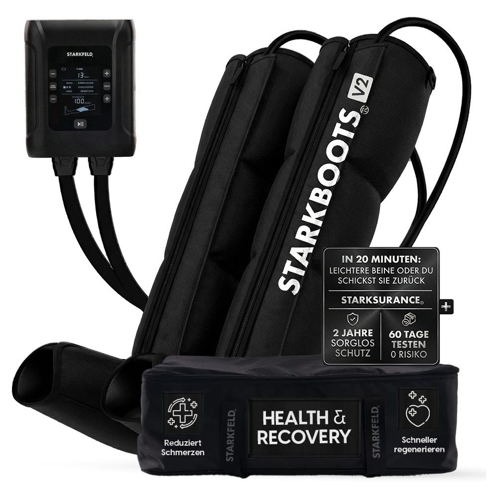 STARKFELD Lymphdrainage-Gerät STARKBOOTS® Lymphdrainage Gerät – Recovery Boots & Bein Massagegerät, 8 Drucksensoren, Bein Massagegerät mit kabellosem Smart Monitor mit 2 Stunden Laufzeit, Venenrückfluss & gegen Wassereinlagerungen