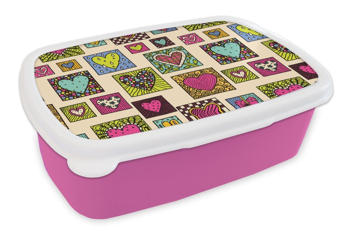MuchoWow Lunchbox Bohemian - Herzen - Kritzelei - Muster, Kunststoff, (2-tlg), Brotbox für Erwachsene, Brotdose Kinder, Snackbox, Mädchen, Kunststoff rosa