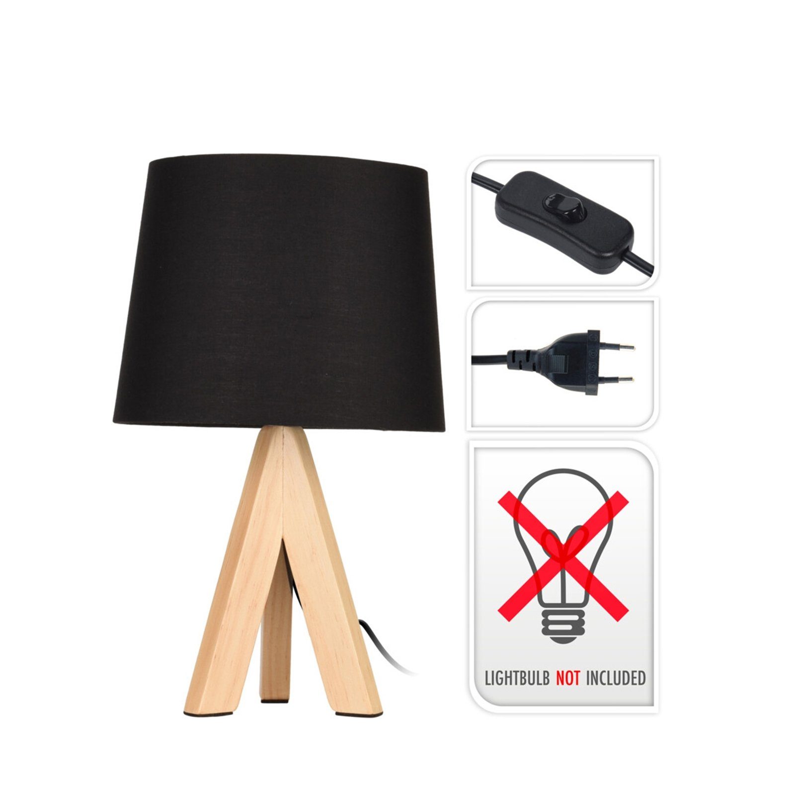 Tischlampe Koopman mit schwarz ohne Tischleuchte Leuchtmittel Holzbeinen,