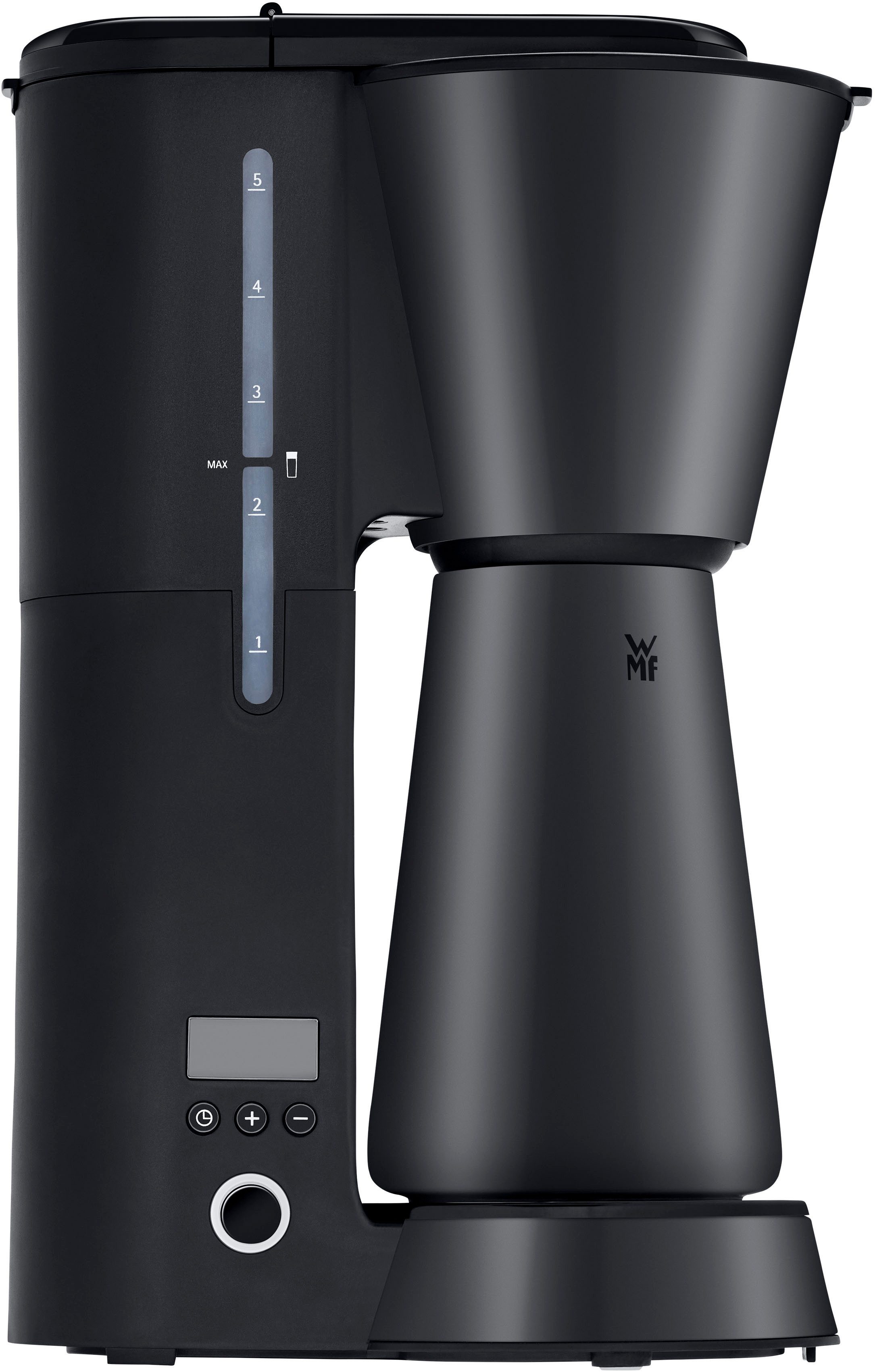 WMF Filterkaffeemaschine KÜCHENminis®, Aroma Thermo to go Deep Black, 0,625l Kaffeekanne, Papierfilter 1x2, Abschaltautom., Cromargan, inkl. Thermokanne und Thermo-Trinkbecher