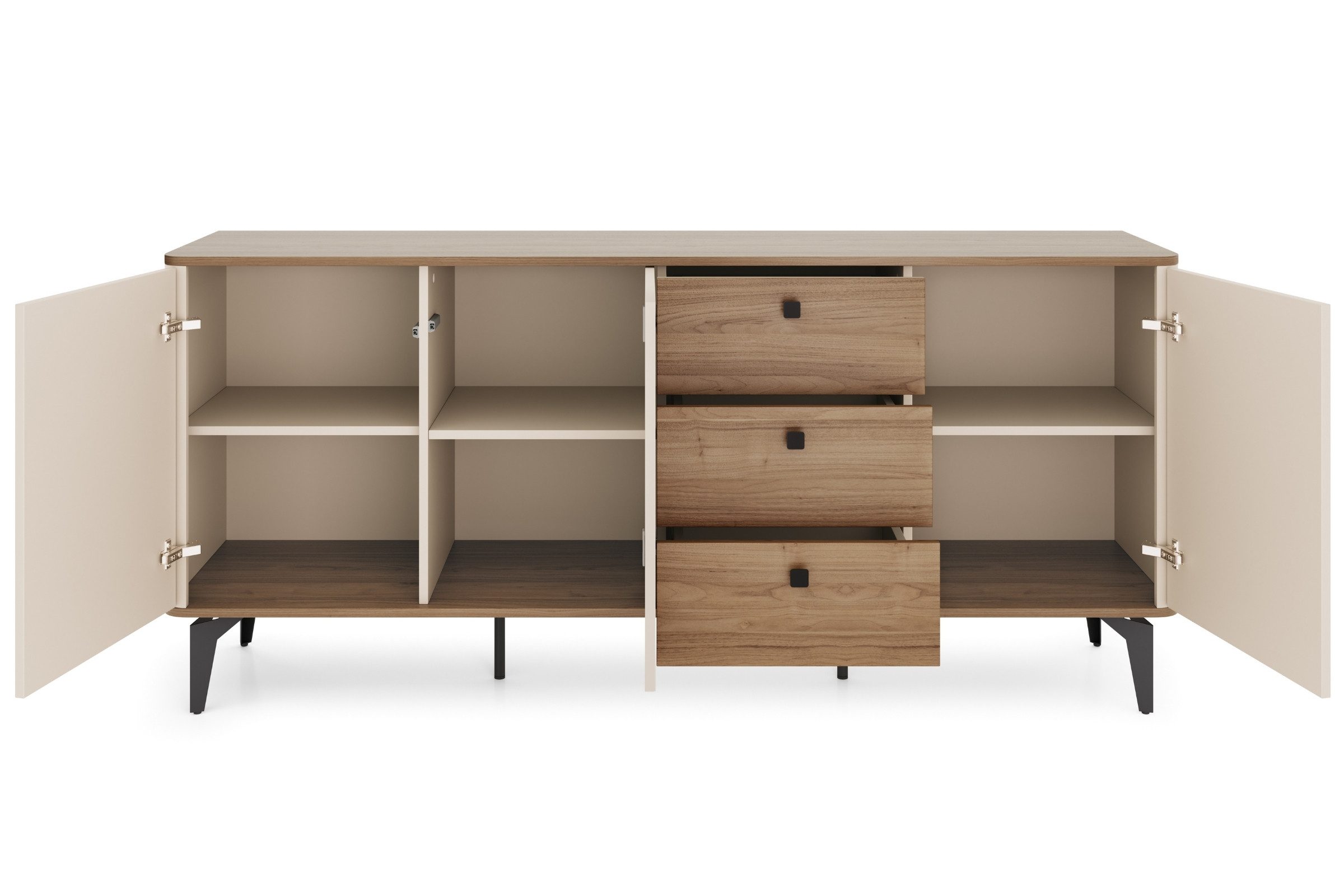 Deine Möbel 24 Kommode AURO 05 Sideboard mit 3 Schubladen, 2 Türen & Einlegeböden (180 cm breit, 1 St., AURO - Kollektion), Soft-Close & Push-to-Open, Metallfüße, Kaschmir/Royal Nussbaum