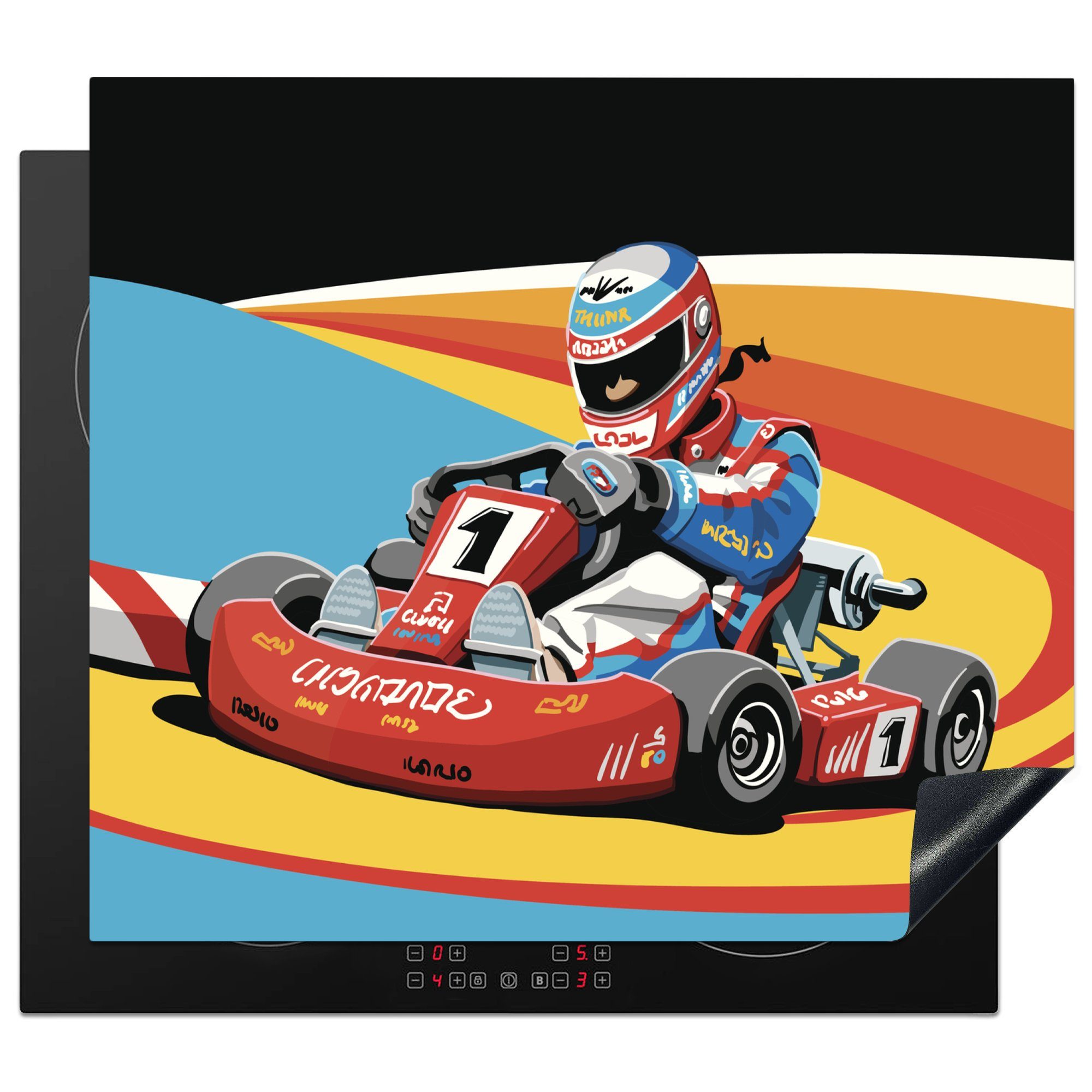 MuchoWow Herdblende-/Abdeckplatte Eine Illustration eines schnellen Go-Kart-Fahrers, Vinyl, (1 tlg), 60x52 cm, Mobile Arbeitsfläche nutzbar, Ceranfeldabdeckung