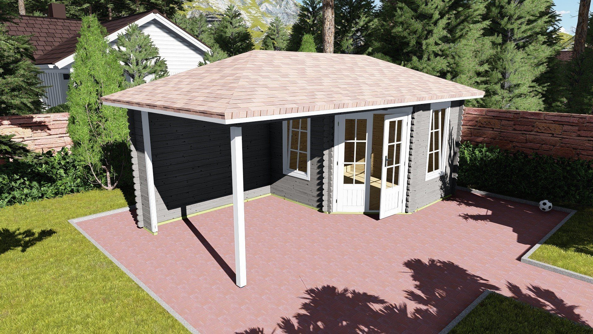 Finn Art Blockhaus Gartenhaus 6x3m Holz 5-Eck York 49 in 40mm Wandstärke, BxT: 580x298 cm, ohne Fußboden, ohne Dacheindeckung