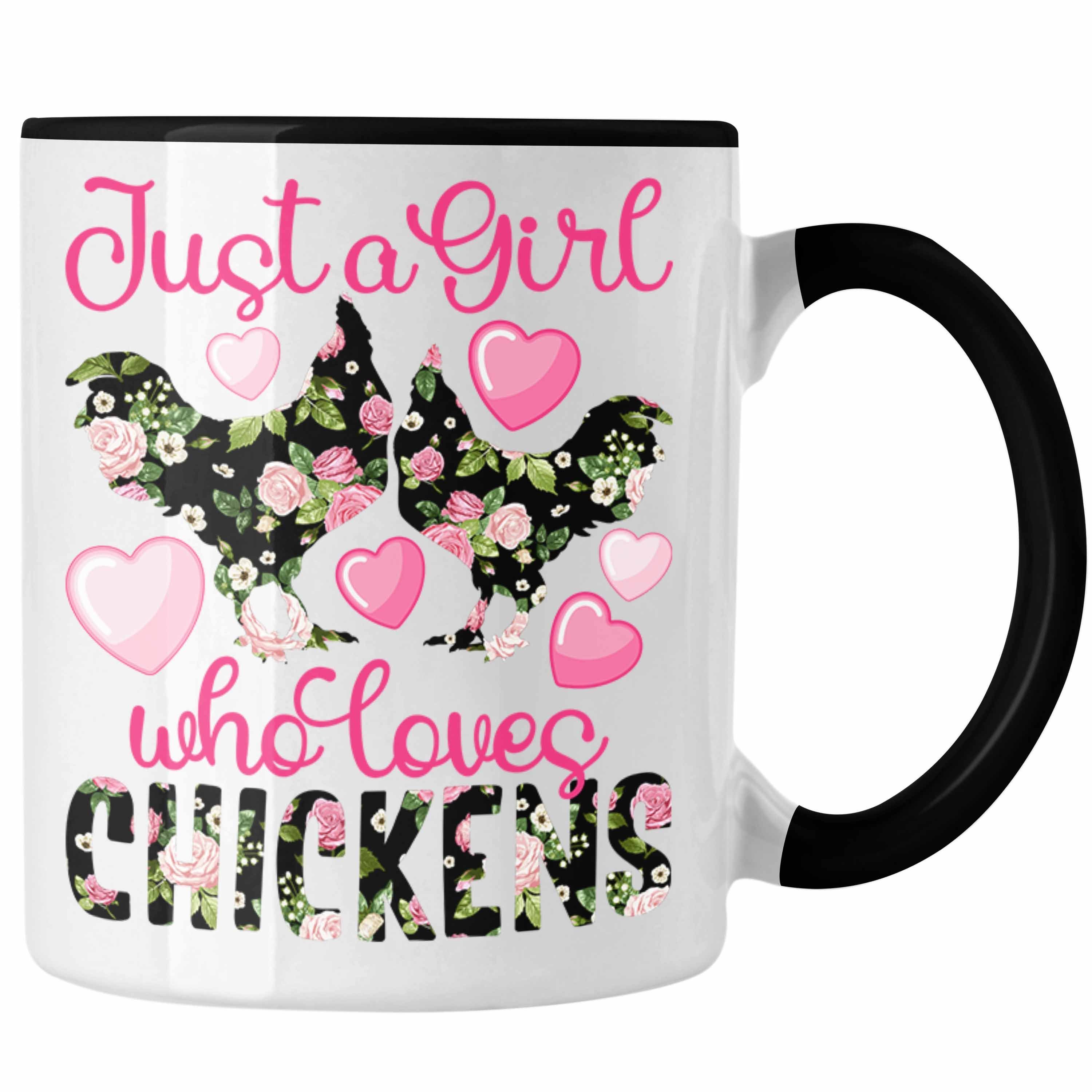 Trendation Tasse "Just A Who Schwarz Loves Chickens" Geschenk Girl Tasse Hühner Liebhaberinnen