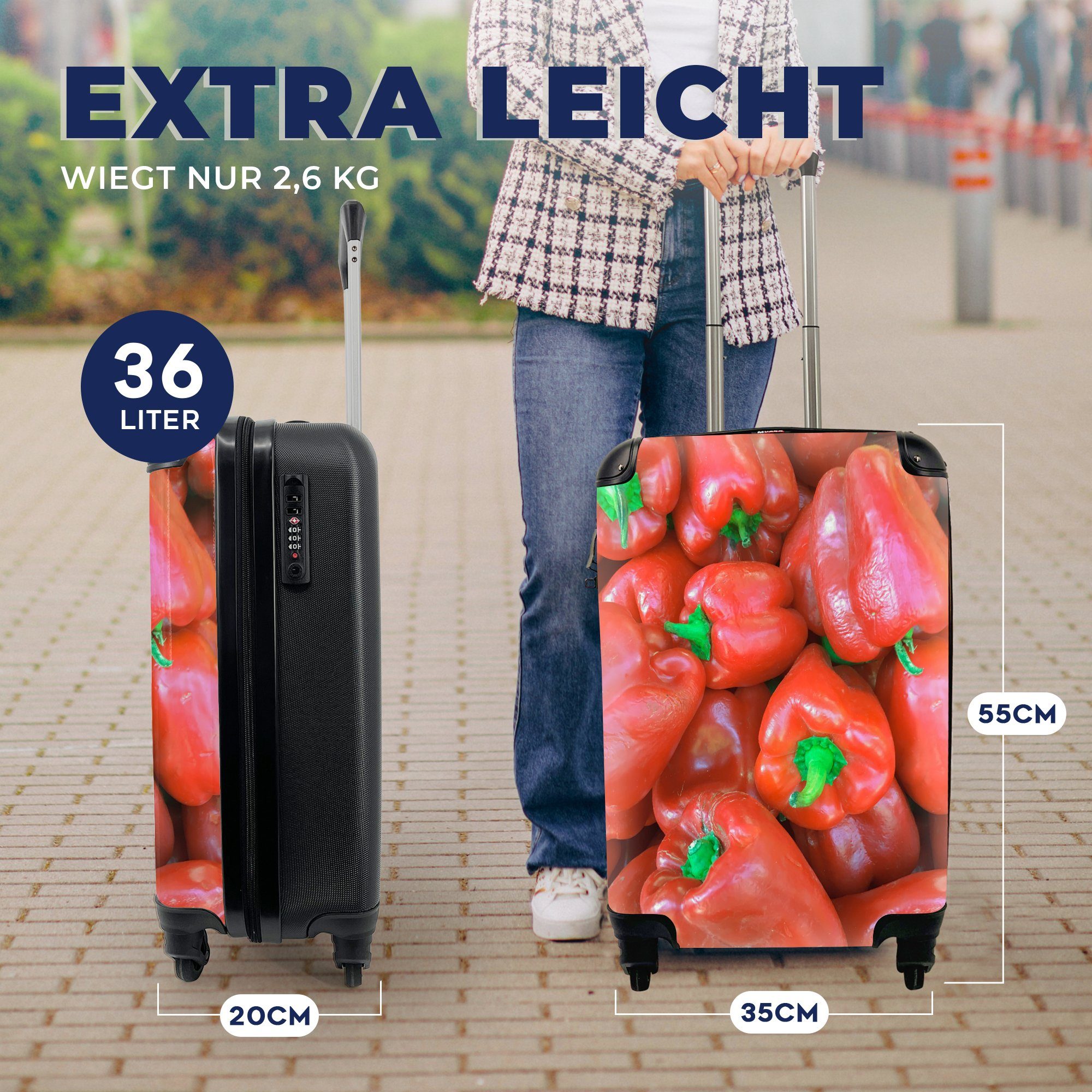 Haufen Reisekoffer MuchoWow roter Reisetasche rollen, Paprika, Trolley, Ein Ferien, glänzender 4 für Handgepäckkoffer Rollen, mit Handgepäck