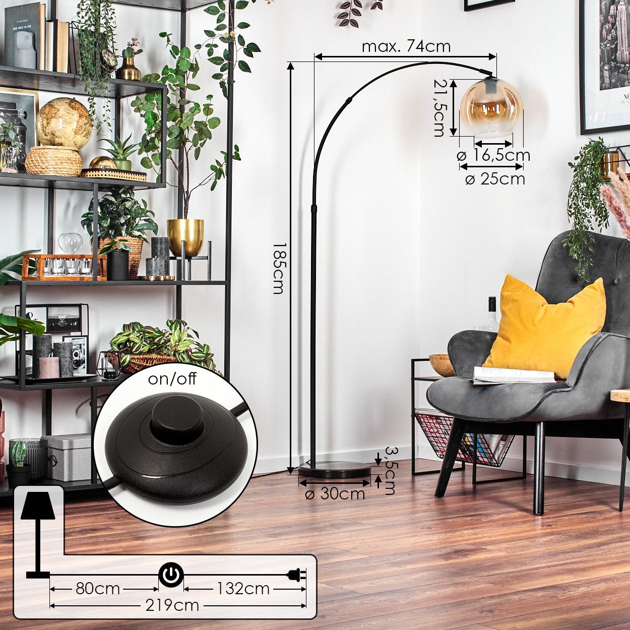 hofstein Bogenlampe Stehlampe aus Metall/Glas in Schwarz/Bernstein/Klar mit Marmorfuß, ohne Leuchtmittel, moderne Stehleuchte verstellbar, Ø Schirm 25 cm, Fußsc – Bild 4 von 5