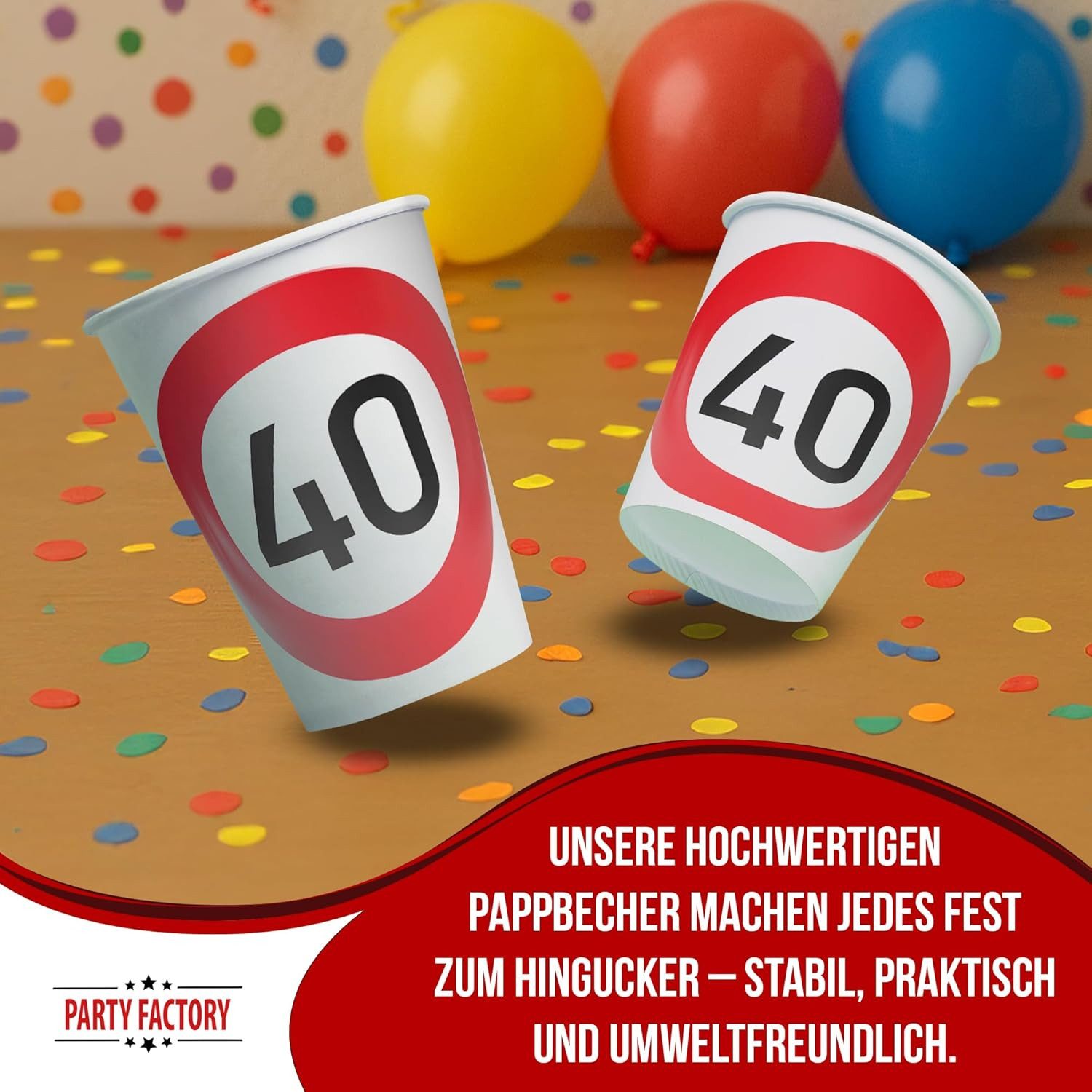 Party Factory Einwegbecher Becher Happy Birthday 40 – 8er-Pack, 250 ml, für 40. Geburtstag, Einweg