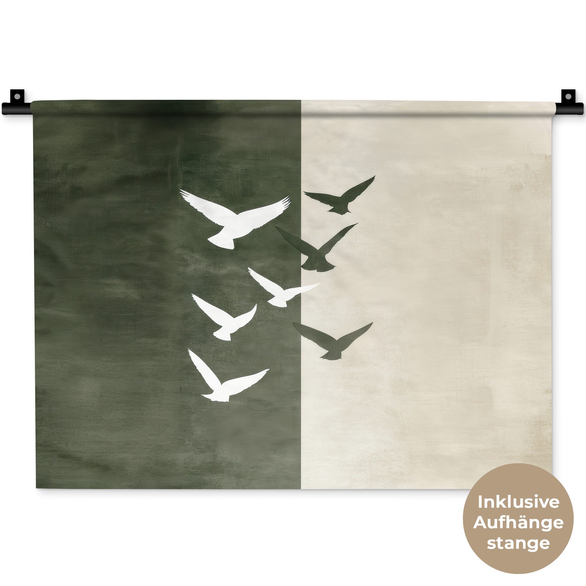 MuchoWow Wandteppich Japandi - Vogel - Grün, Rechteckig, Höhe: 3 mm, Wanddeko Teppich Wohnzimmer, Schlafzimmer, 60x45 cm