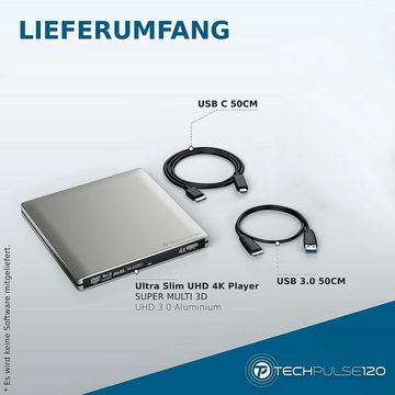 techPulse120 Externes UHD 4k 3D M-Disc BDXL USB 3.0 USB-C Aluminium Silber Laufwerk Blu-ray-Brenner