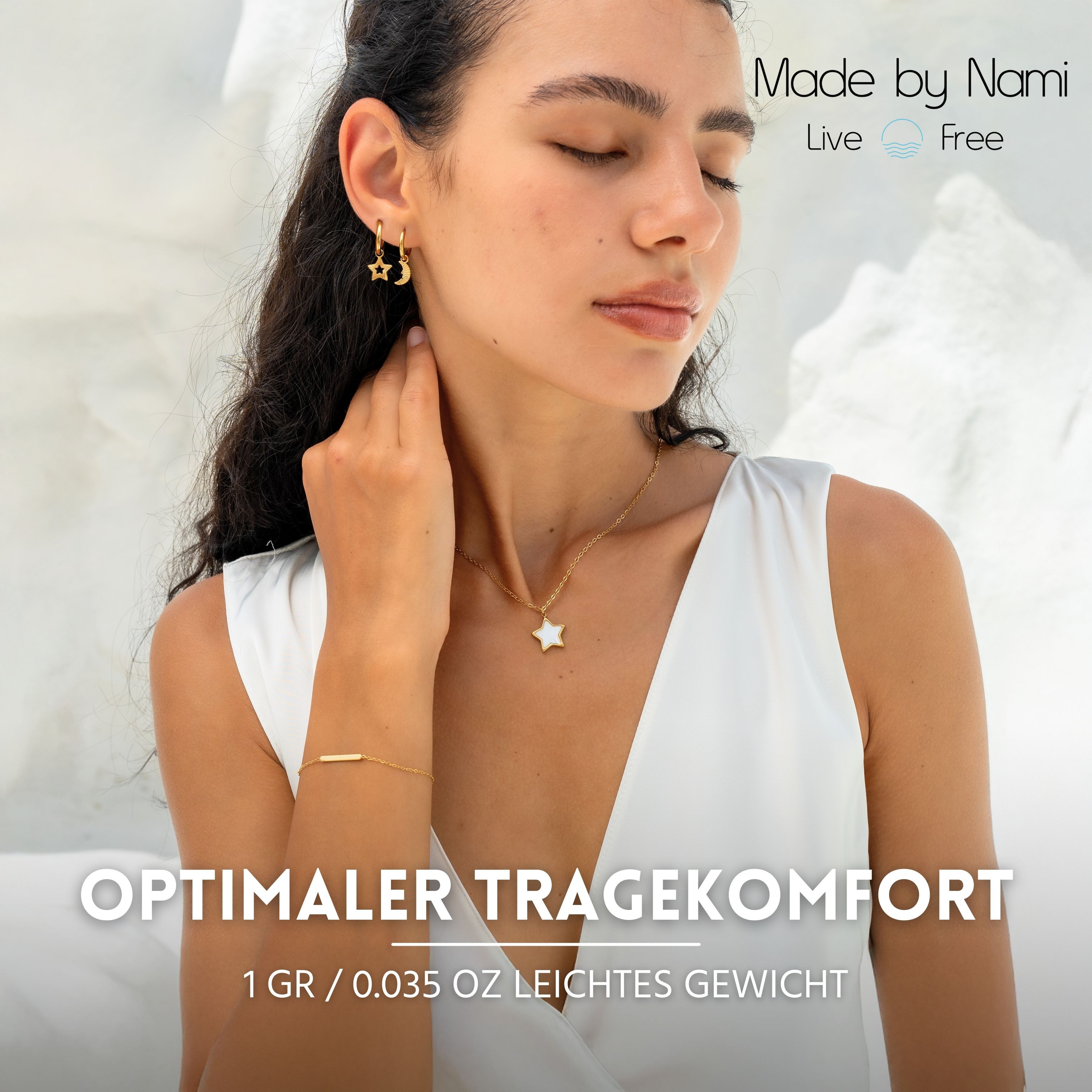 Made by Nami Paar Ohrhänger Set Ohrhänger Silber/Gold Edelstahl Stern Mond hypoallergen wasserfest, aus Edelstahl – Boho-Stil – für empfindliche Haut – alltagstauglich