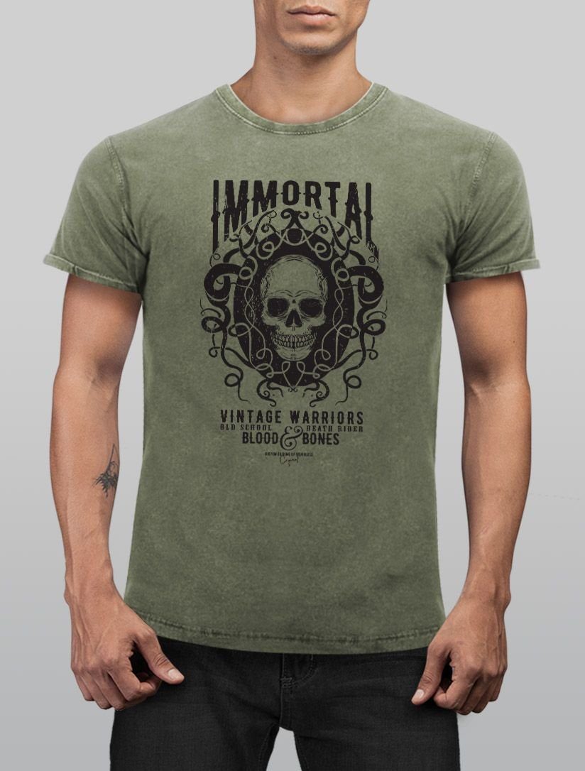 Neverless Print-Shirt Neverless® Herren T-Shirt Look Vintage Print Aufdruck Vintage oliv Skull Used Shirt Immortal Slim mit Totenkopf Fit Printshirt Warriors