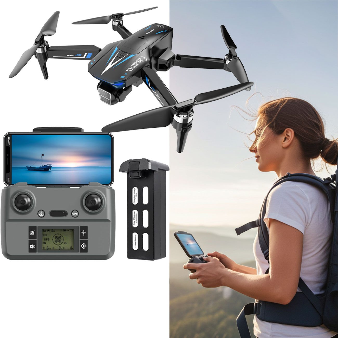 Casativo Profi GPS-Drohne mit Full-HD-Kamera & Ersatz-Akku Drohne (GPS-Drohne mit Follow-Me-Funktion)