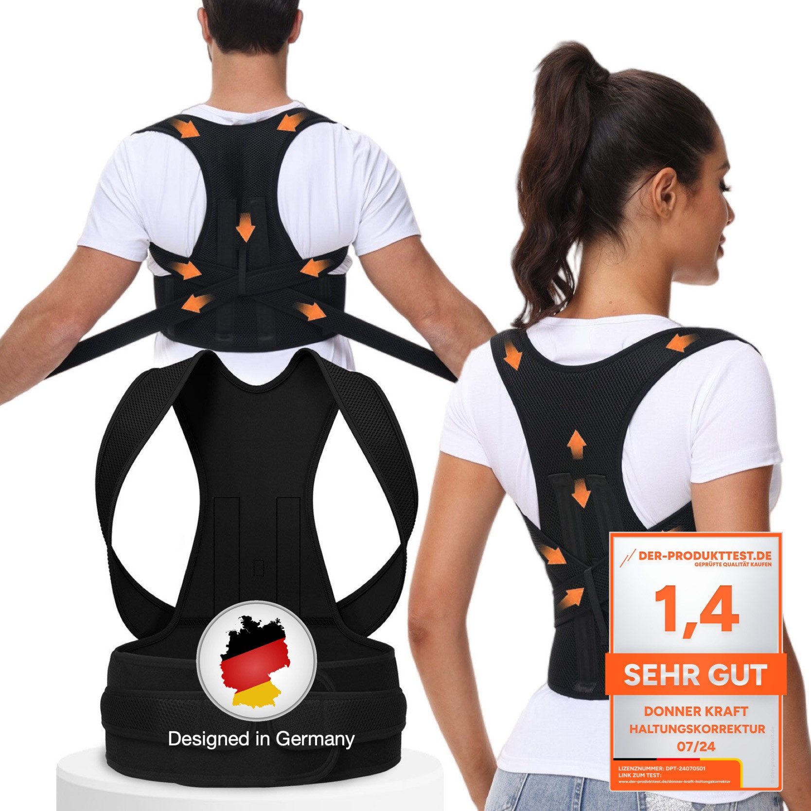 DONNERKRAFT Bauch- und Rückenstützgürtel Haltungskorrektur Haltungstrainer Herren Damen + Ebook Leitfaden, Verstellbar