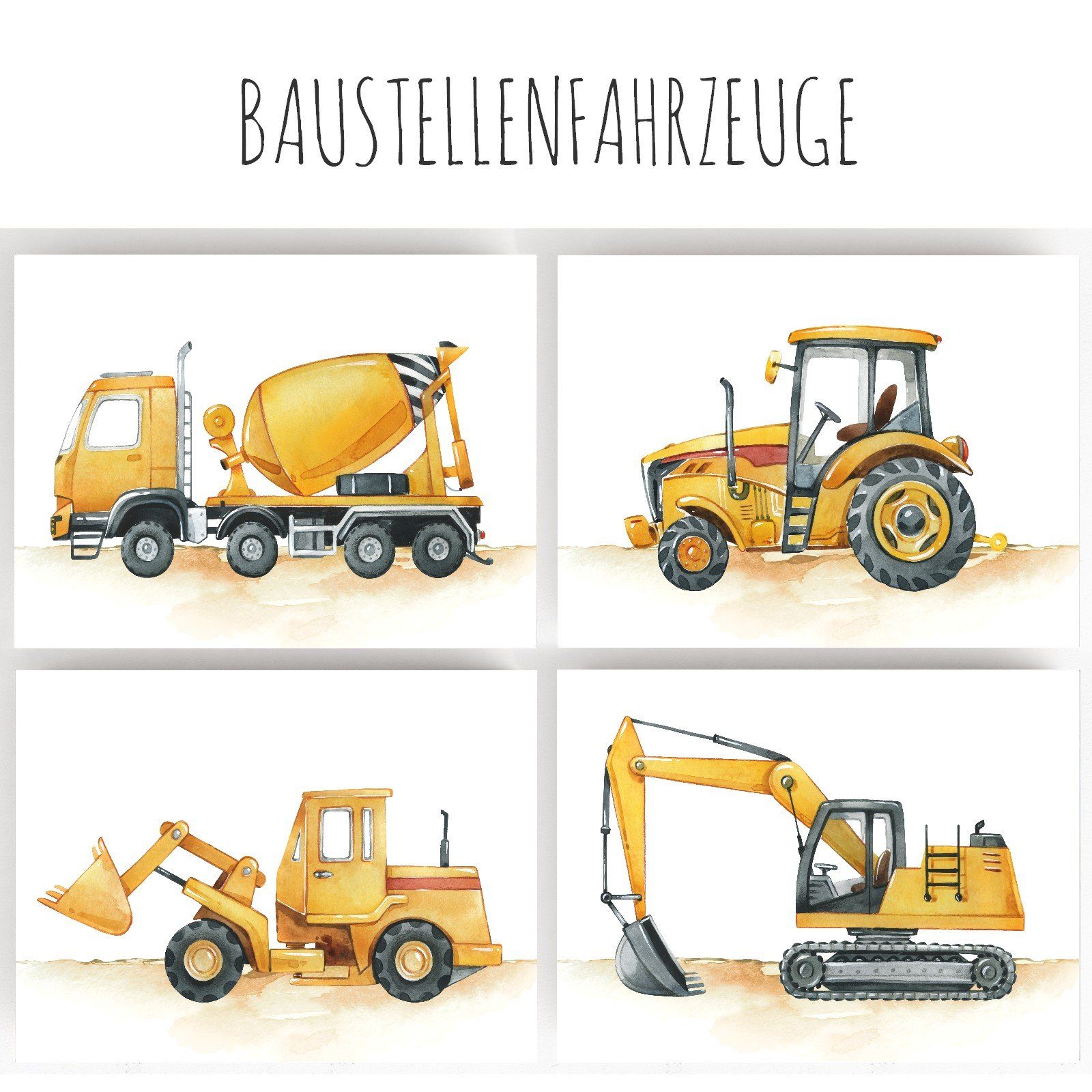 homestyle-accessoires Poster Kinderbilder Bilderset BAUSTELLENFAHRZEUGE BAGGER 4er SET Prints, - OHNE BILDERRAHMEN - Sorgfältige & sichere Verpackung